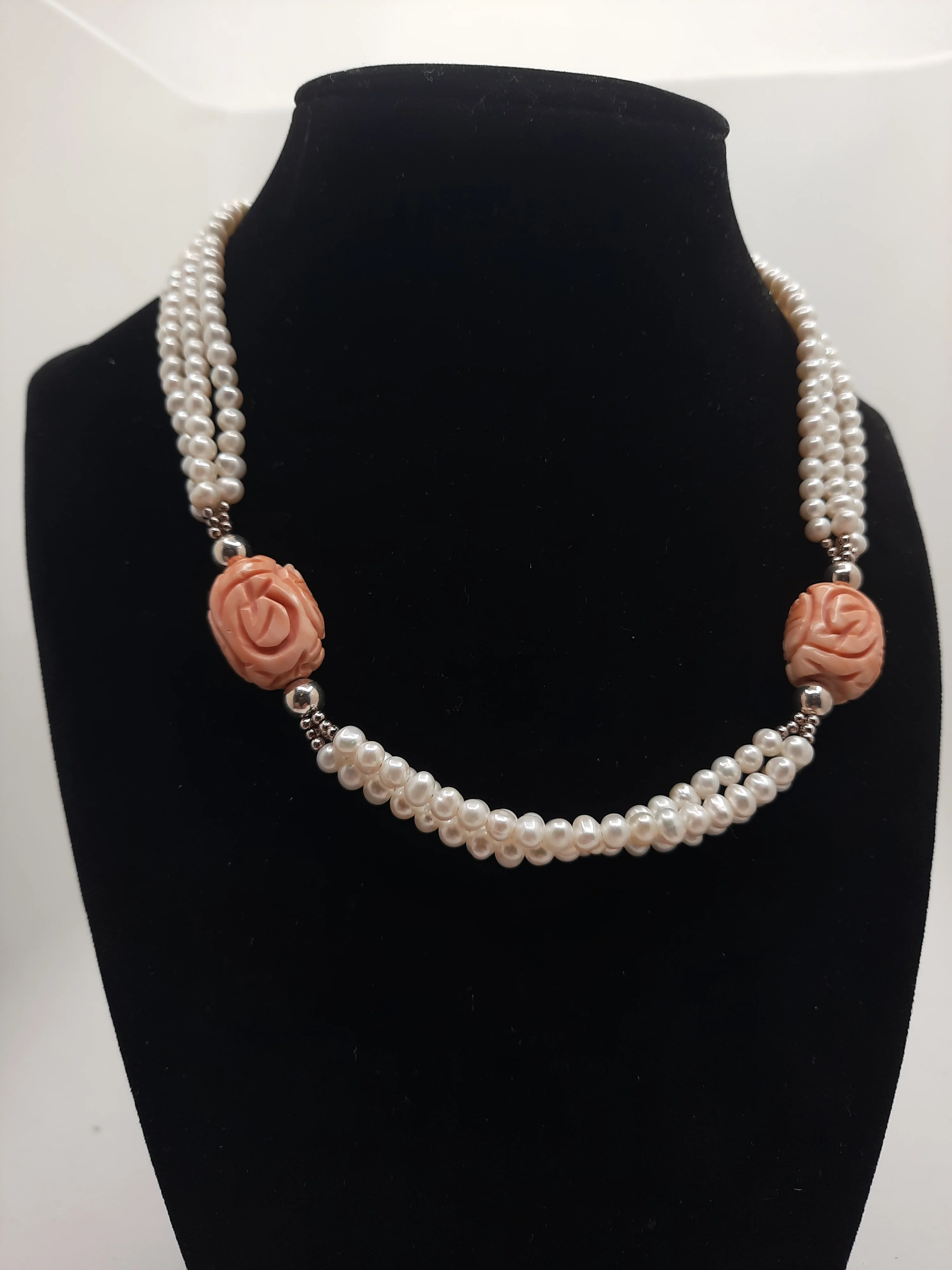 60s Triple Strand Pearl Carved Coral Choker Necklace - Image 6