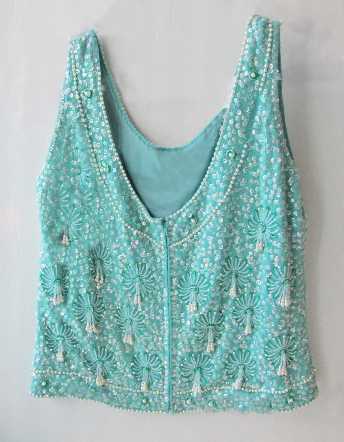 60s Turquoise Beaded Sequined Go-Go Top Hong Kong Wool - Image 2
