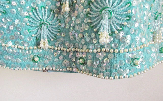 60s Turquoise Beaded Sequined Go-Go Top Hong Kong Wool - Image 3