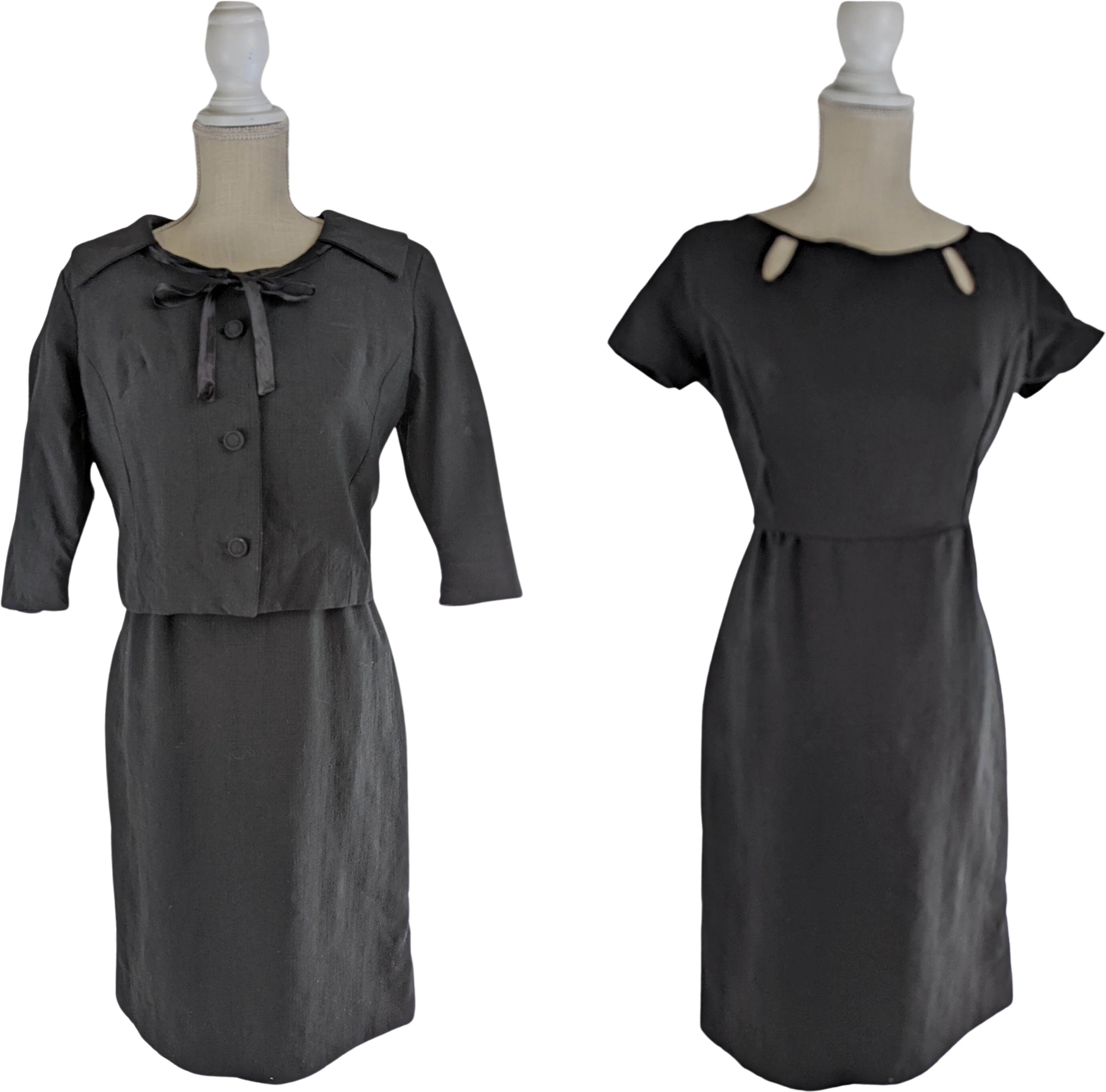 60s Two Piece Black Dress and Crop Jacket with Satin Ribbon and Rounded Collar and Silk Lining