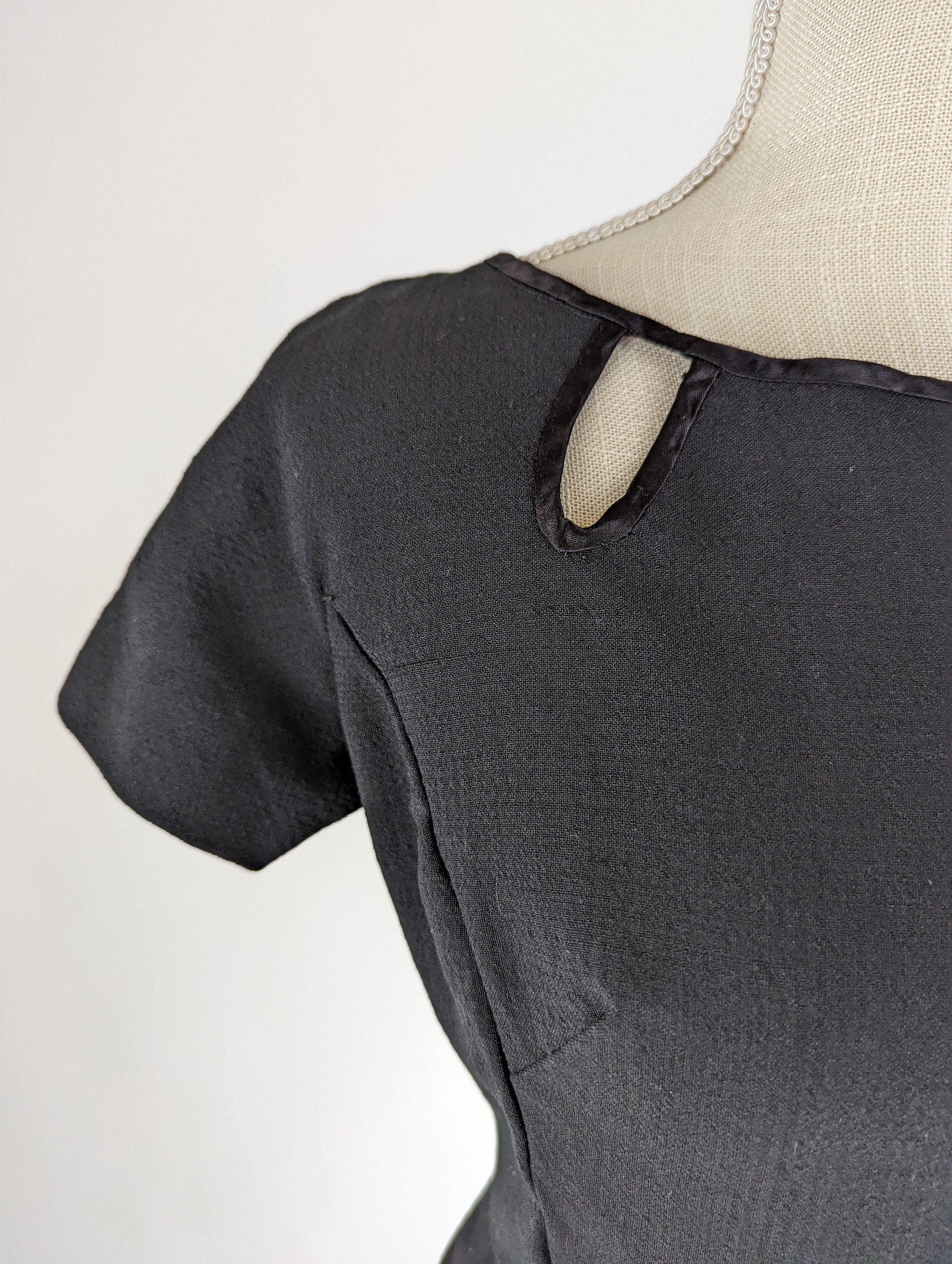 60s Two Piece Black Dress and Crop Jacket with Satin Ribbon and Rounded Collar and Silk Lining - Image 3