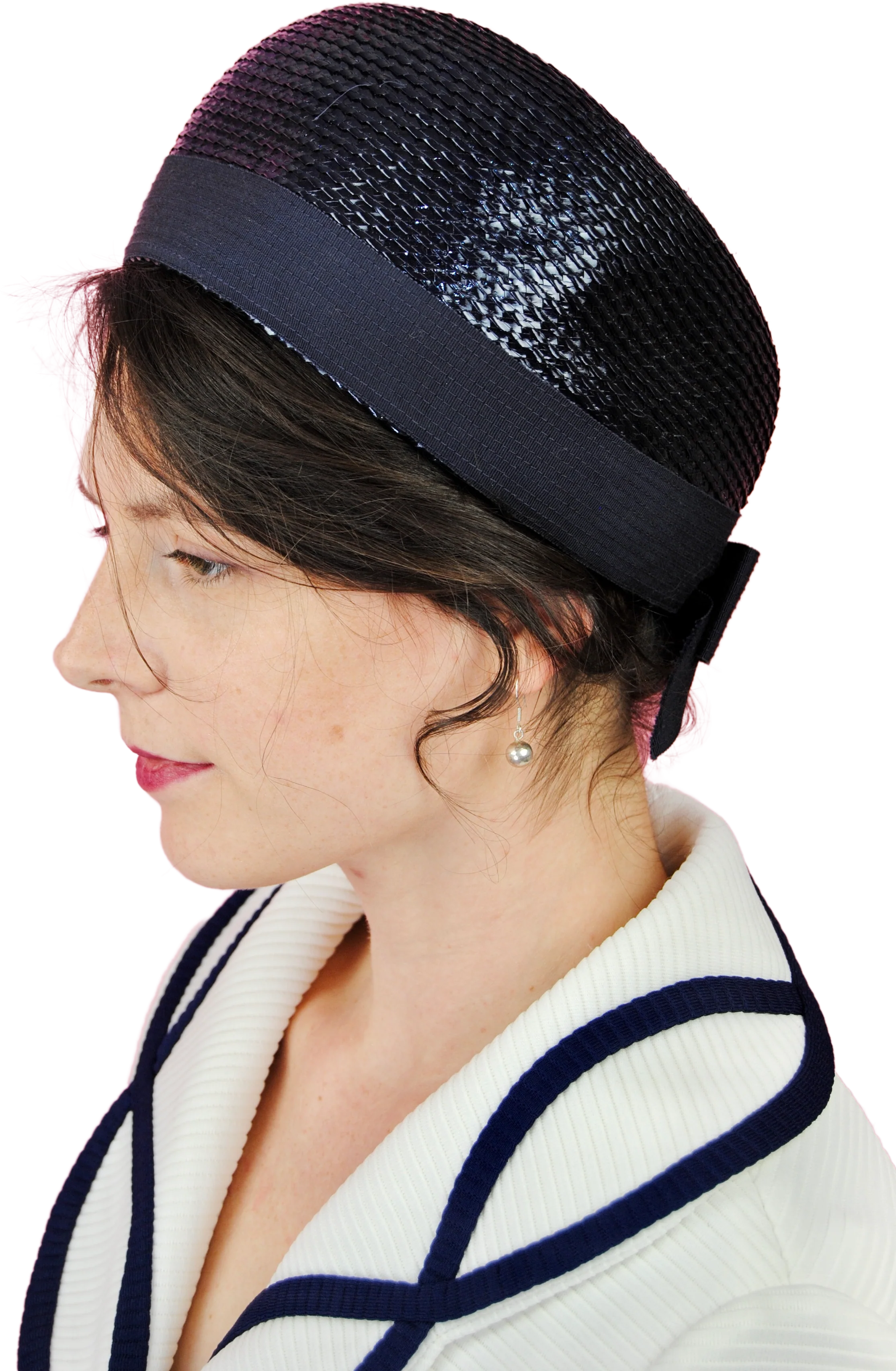 60s Unique Navy Blue Straw Hat With Bow By Betmar - Image 2