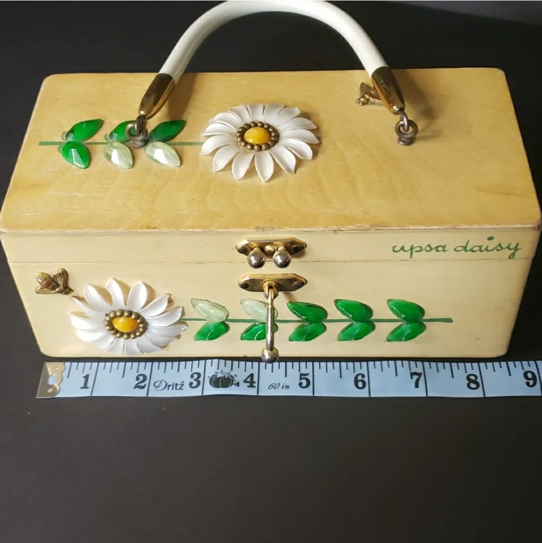 60s Upsa Daisy Wood Box Handbag By Enid Collins - Image 9