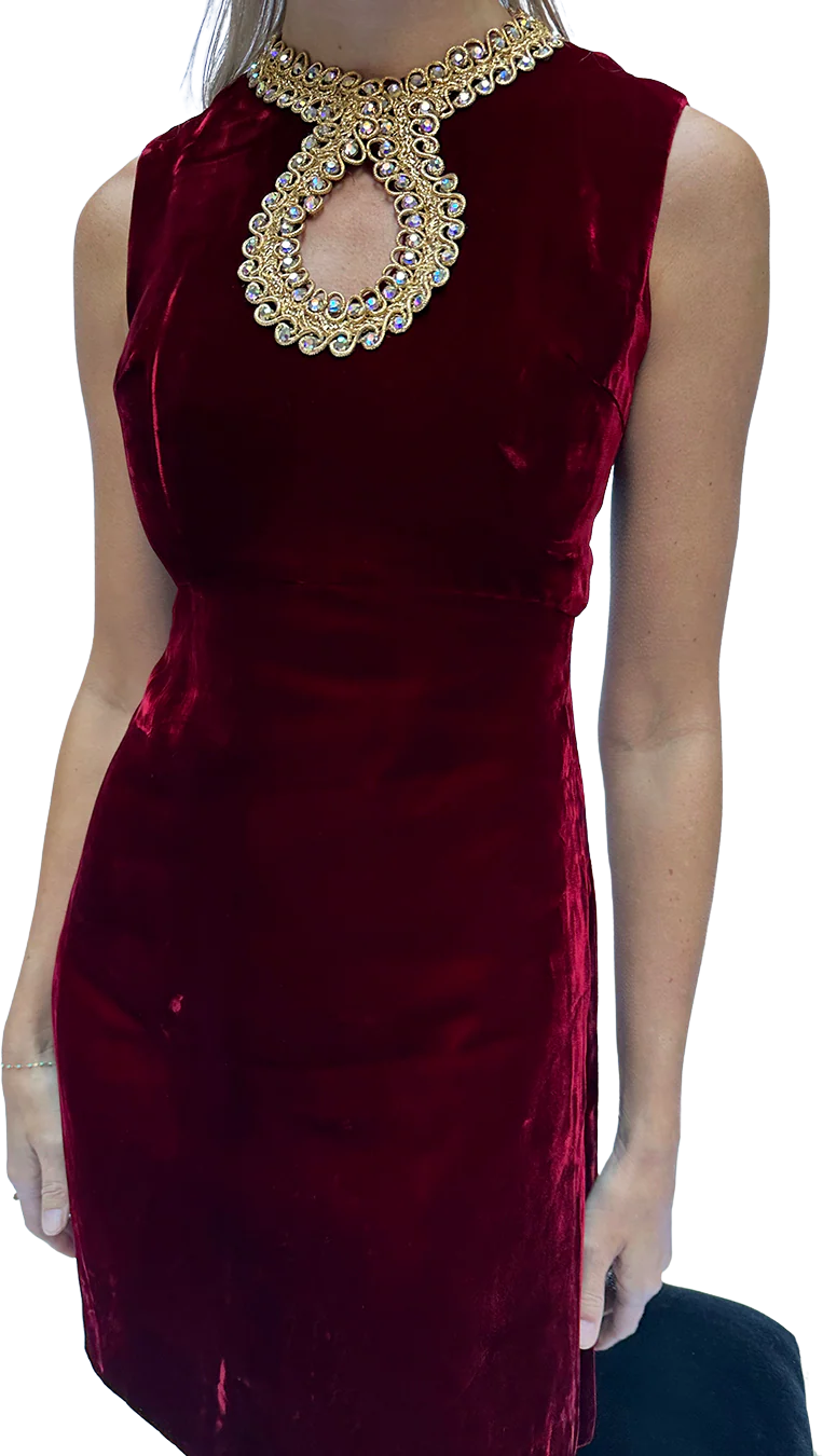 60s Vintage 60s Embellished Keyhole Neck Velvet Dress - Image 2