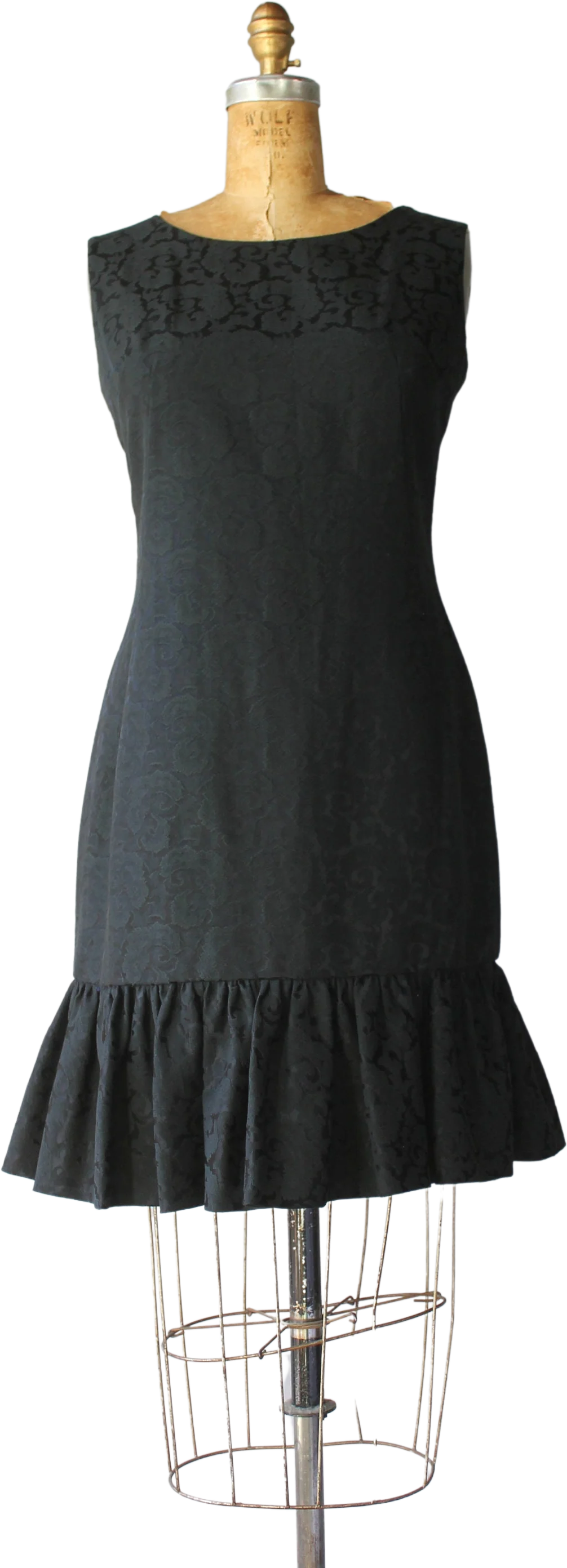 60s Vintage Black Brocade Fun Flounced Hem Cocktail Party Holiday Dress by Miss Donna by Miss Donna