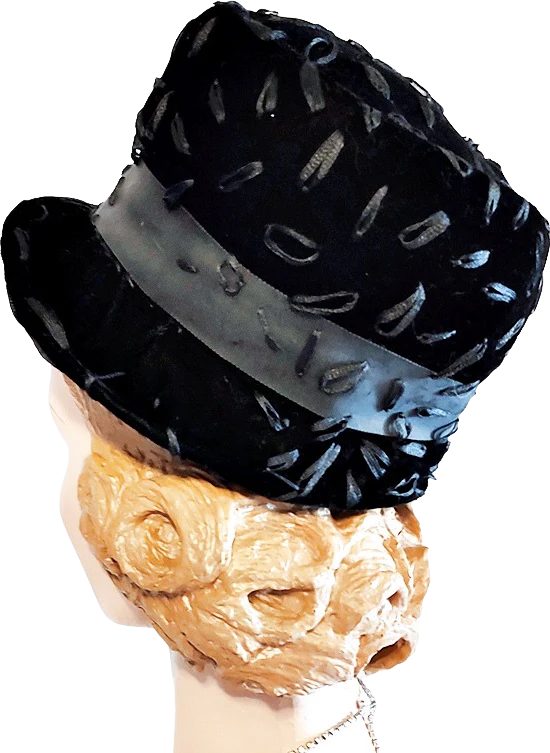 60s Vintage Black Velvet Bucket Cloche Hat Ribbon Trim - Image 3