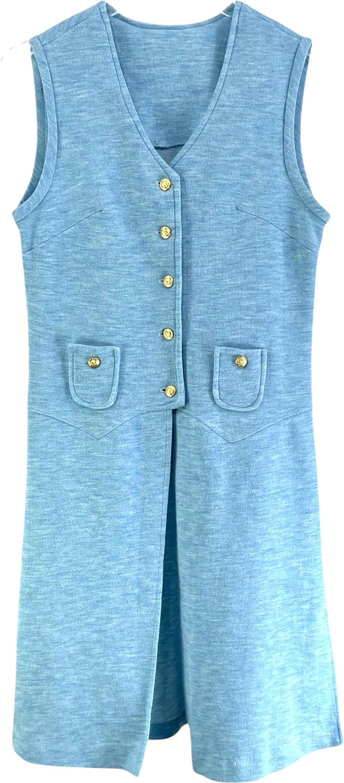 60s Vintage Blue A-Line Sleeveless Tunic Open Front Shirt Dress Nautical Buttons