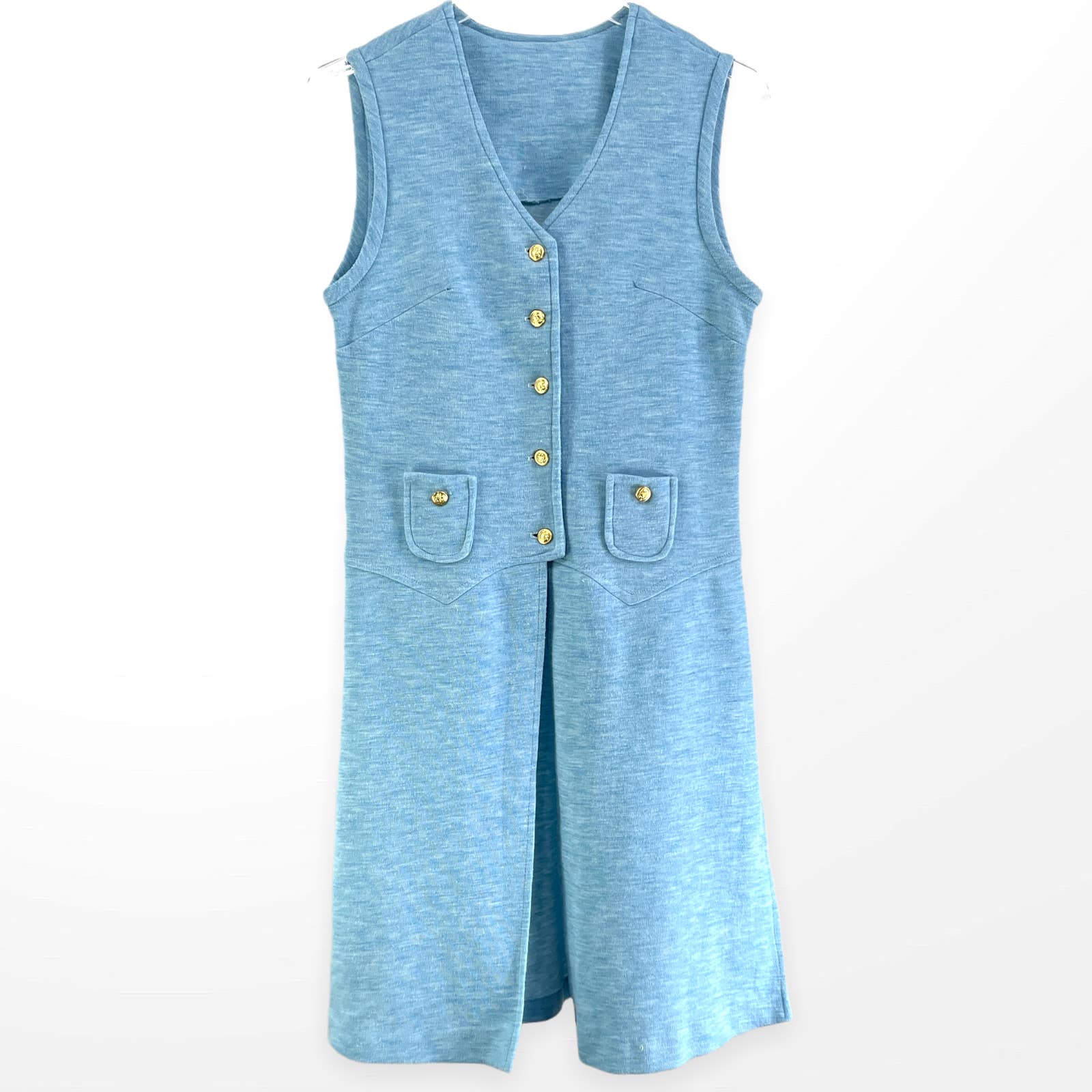 60s Vintage Blue A-Line Sleeveless Tunic Open Front Shirt Dress Nautical Buttons - Image 7