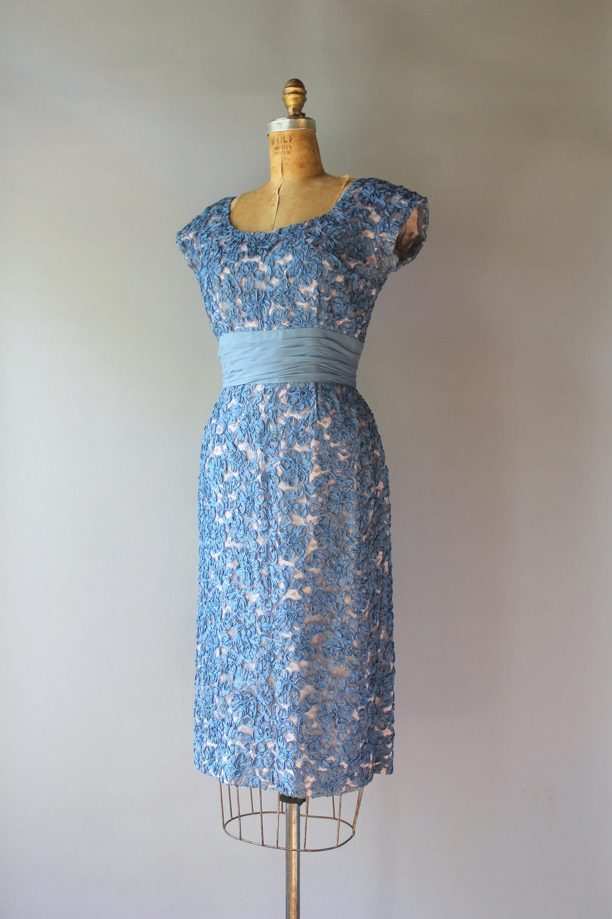 60s Vintage Bombshell Blue Ribbon Lace Wiggle Dress by Macy's Little Shop - Image 4