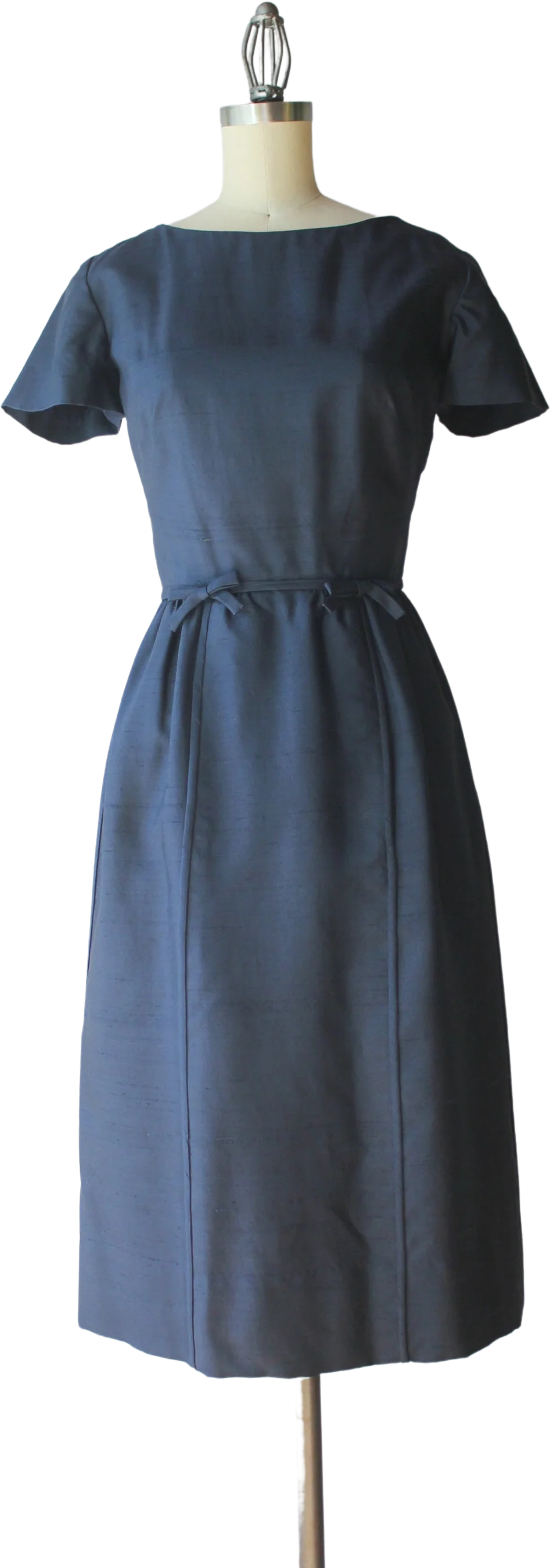 60s Vintage David Crystal Navy Blue Raw Silk Fitted Dress with Bows by David Crystal