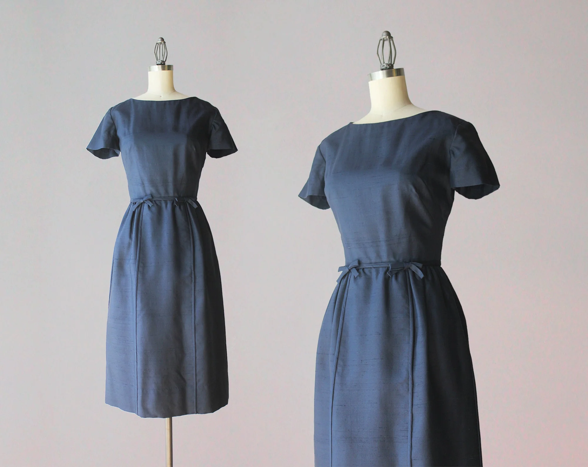 60s Vintage David Crystal Navy Blue Raw Silk Fitted Dress with Bows by David Crystal - Image 4