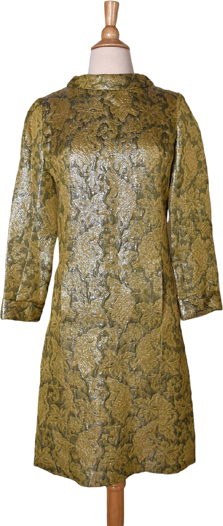 60s Vintage Gold Olive Quilted Brocade Shift Dress