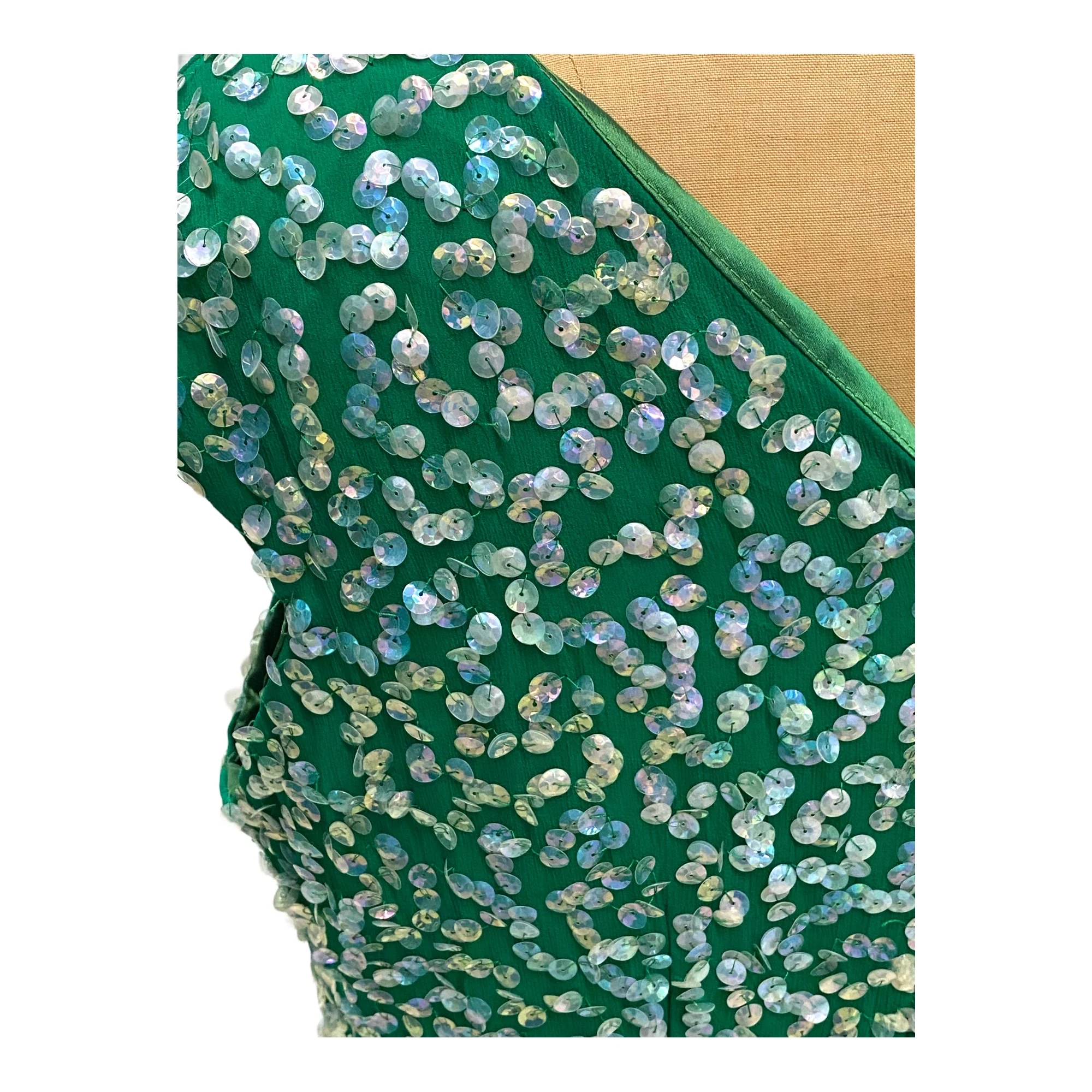 60s Vintage Green Crepe Sequin Beaded Evening Dress - Image 13