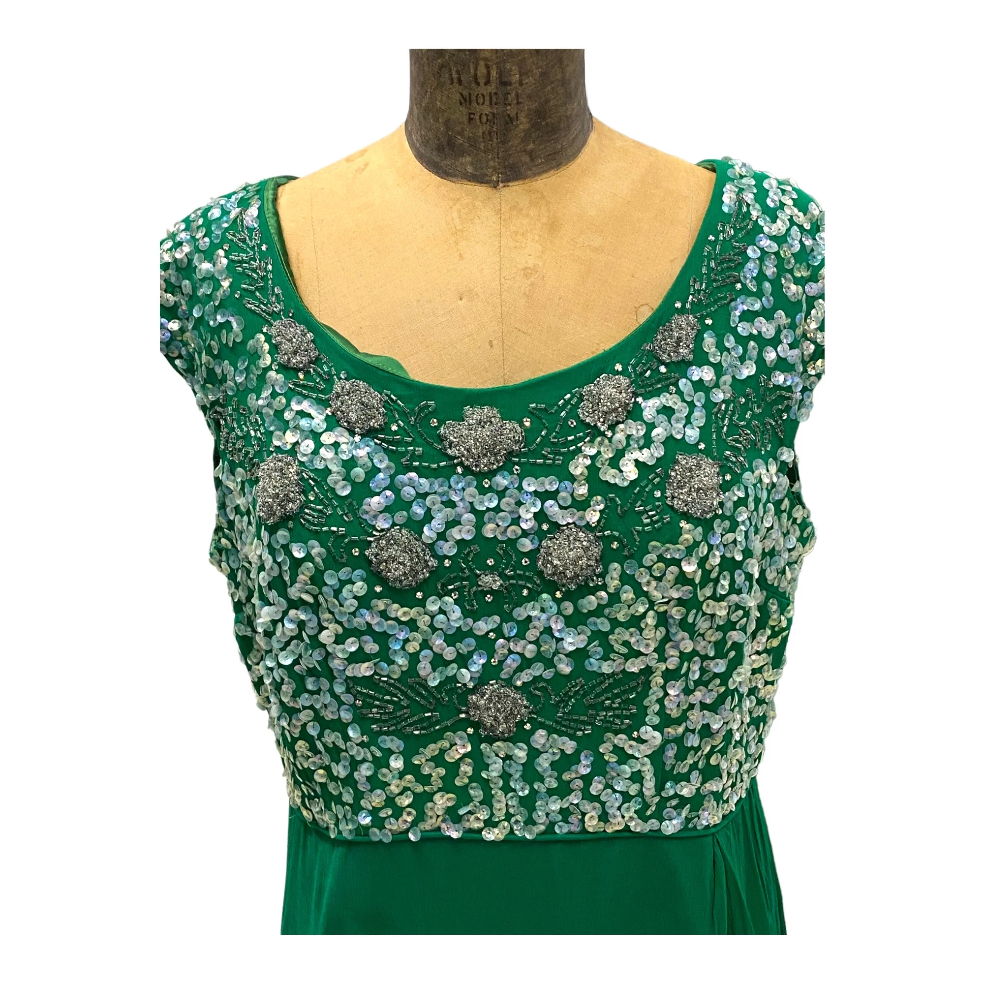 60s Vintage Green Crepe Sequin Beaded Evening Dress - Image 3
