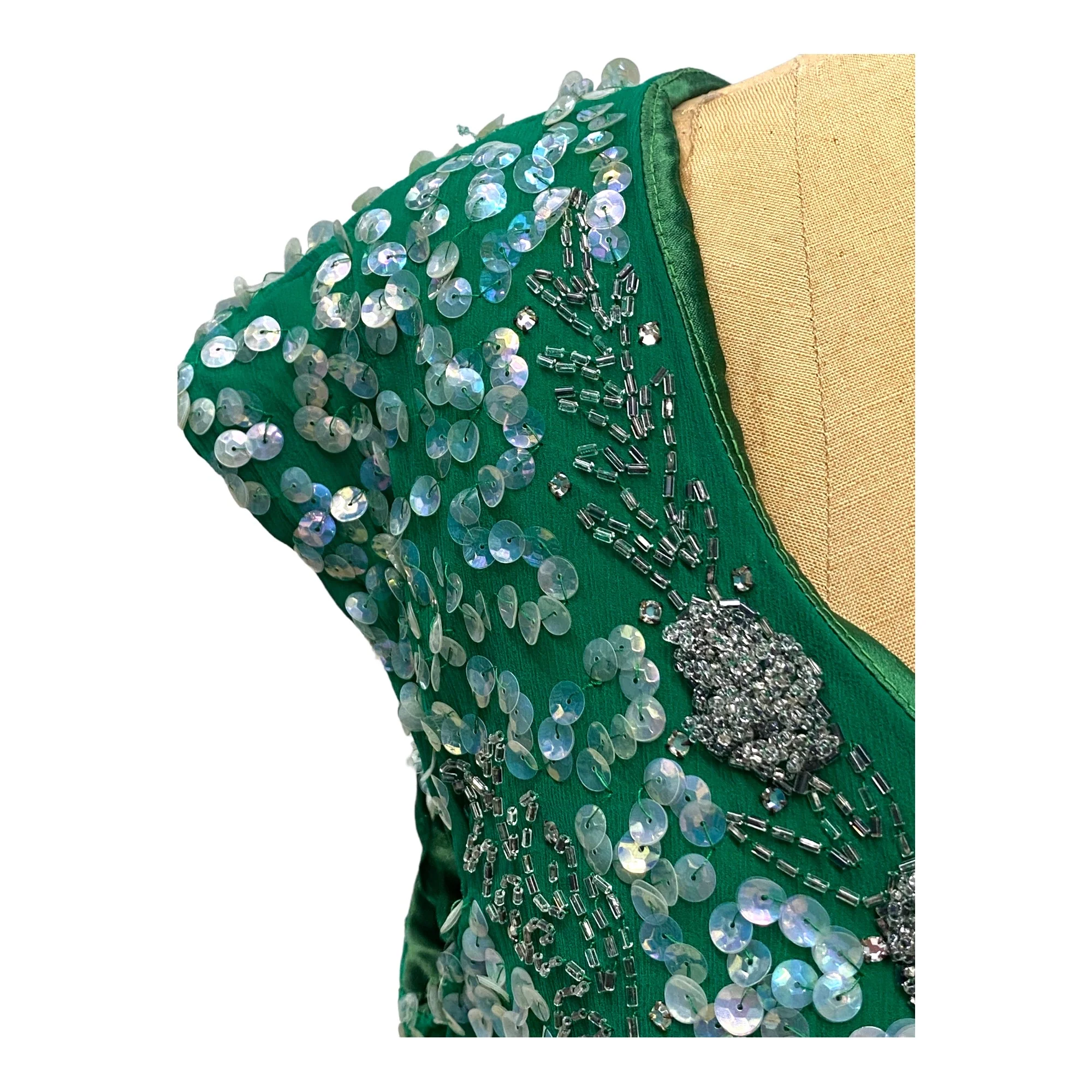 60s Vintage Green Crepe Sequin Beaded Evening Dress - Image 4