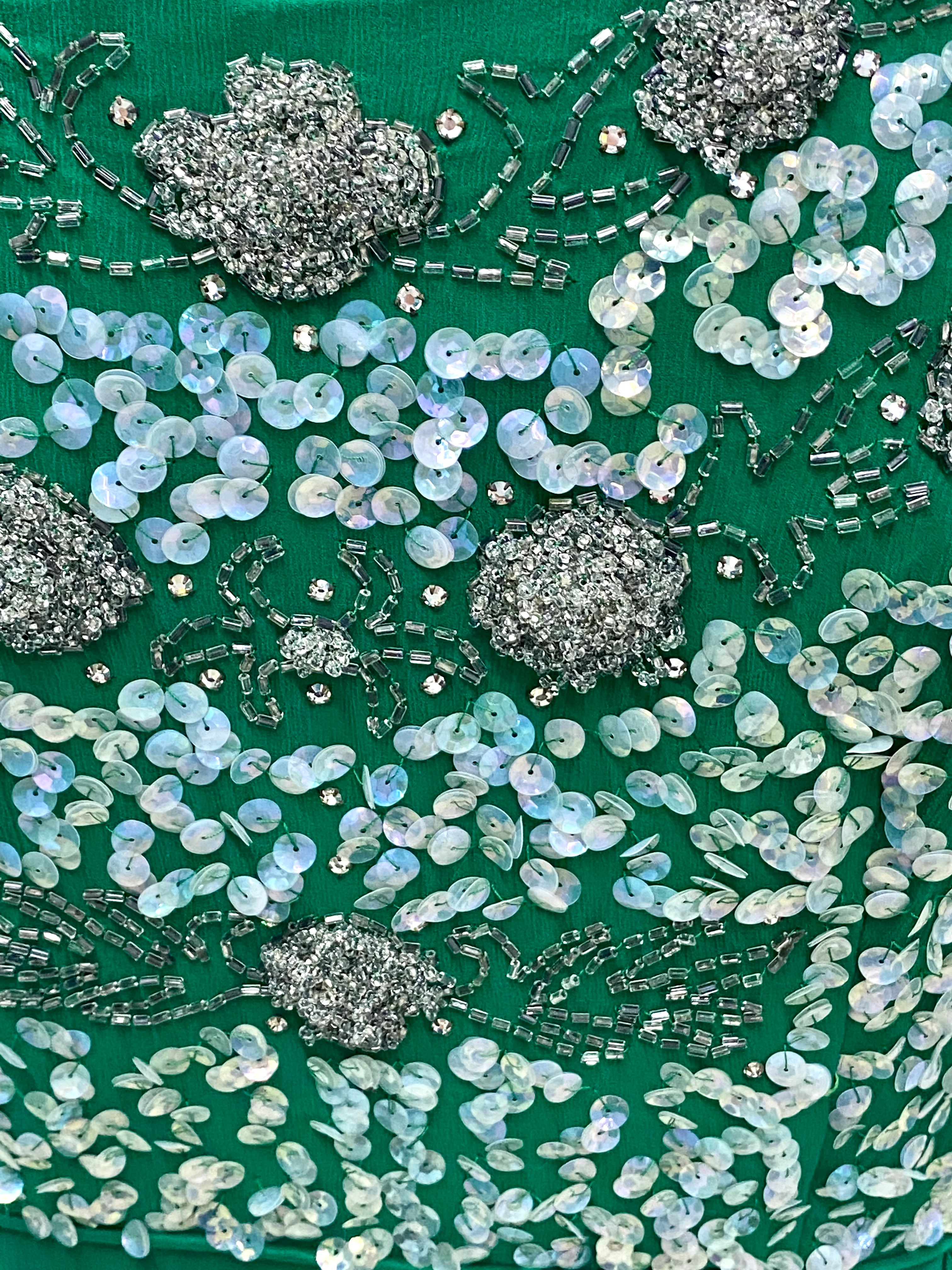 60s Vintage Green Crepe Sequin Beaded Evening Dress - Image 5