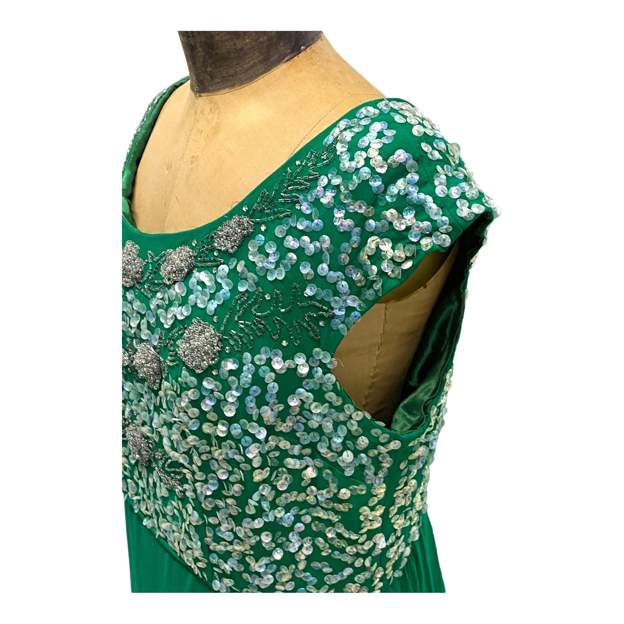 60s Vintage Green Crepe Sequin Beaded Evening Dress - Image 7
