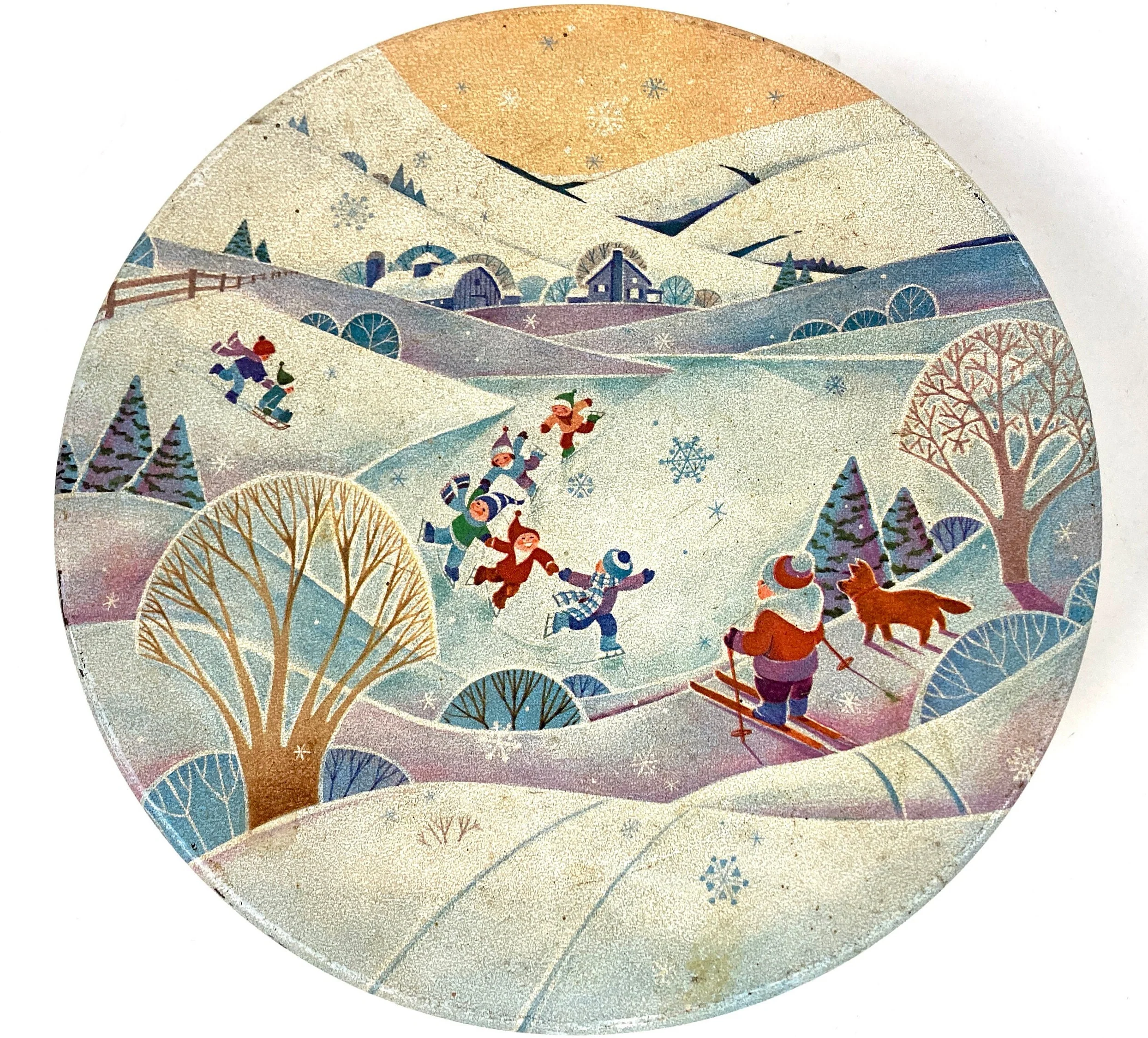 60s Vintage Large Maurice Lenell Round Tin Winter Snow Children Playing Skiing Sledding Iceskating Cookie Box by Maurice Lenell - Image 2