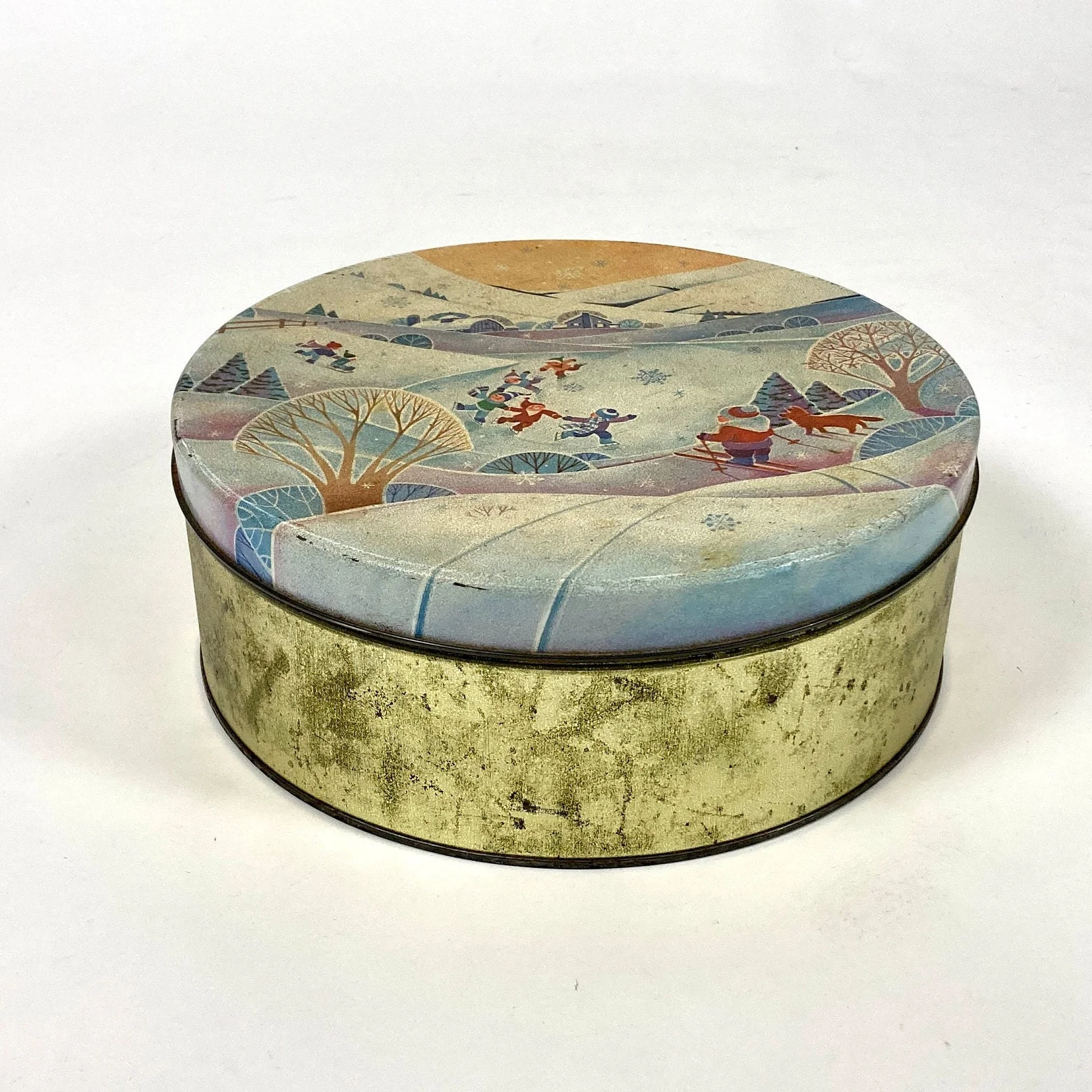 60s Vintage Large Maurice Lenell Round Tin Winter Snow Children Playing Skiing Sledding Iceskating Cookie Box by Maurice Lenell - Image 3