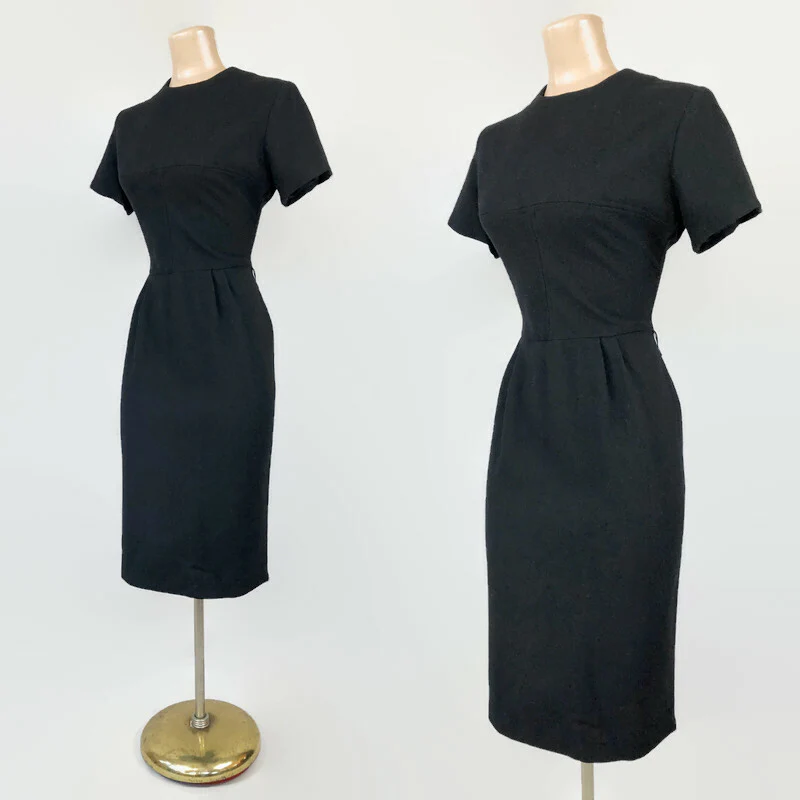 60s Vintage Mcm Black Wool Curvy Pencil Dress - Image 5
