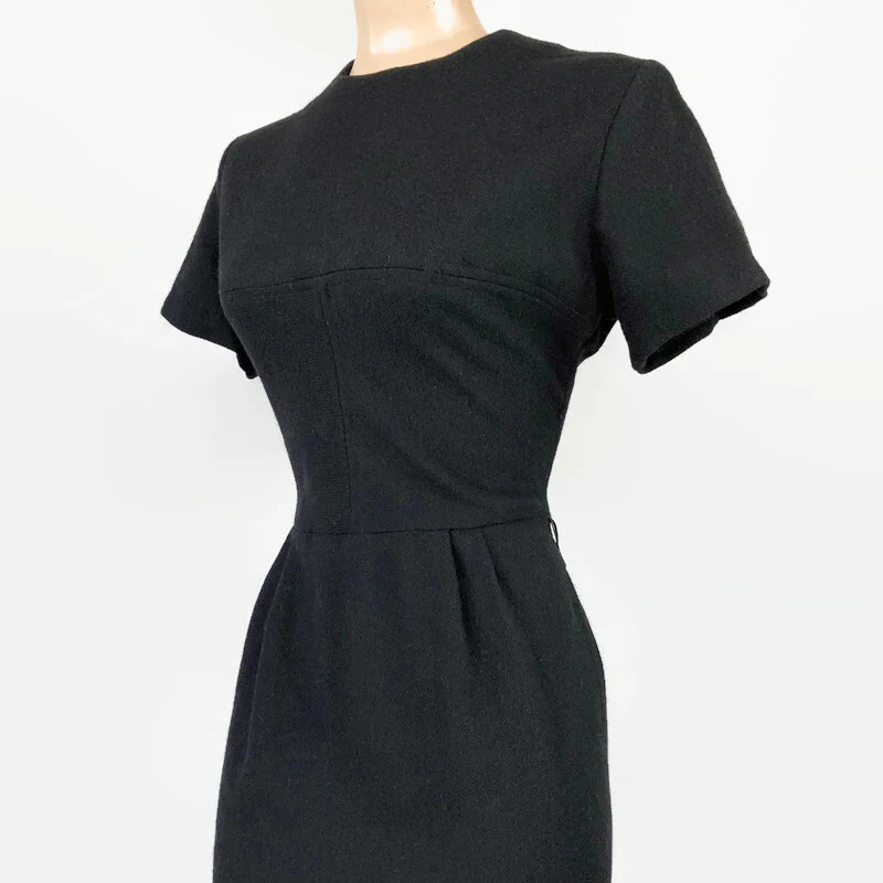 60s Vintage Mcm Black Wool Curvy Pencil Dress - Image 6