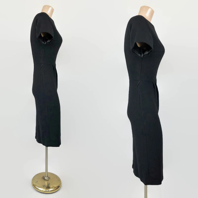 60s Vintage Mcm Black Wool Curvy Pencil Dress - Image 8