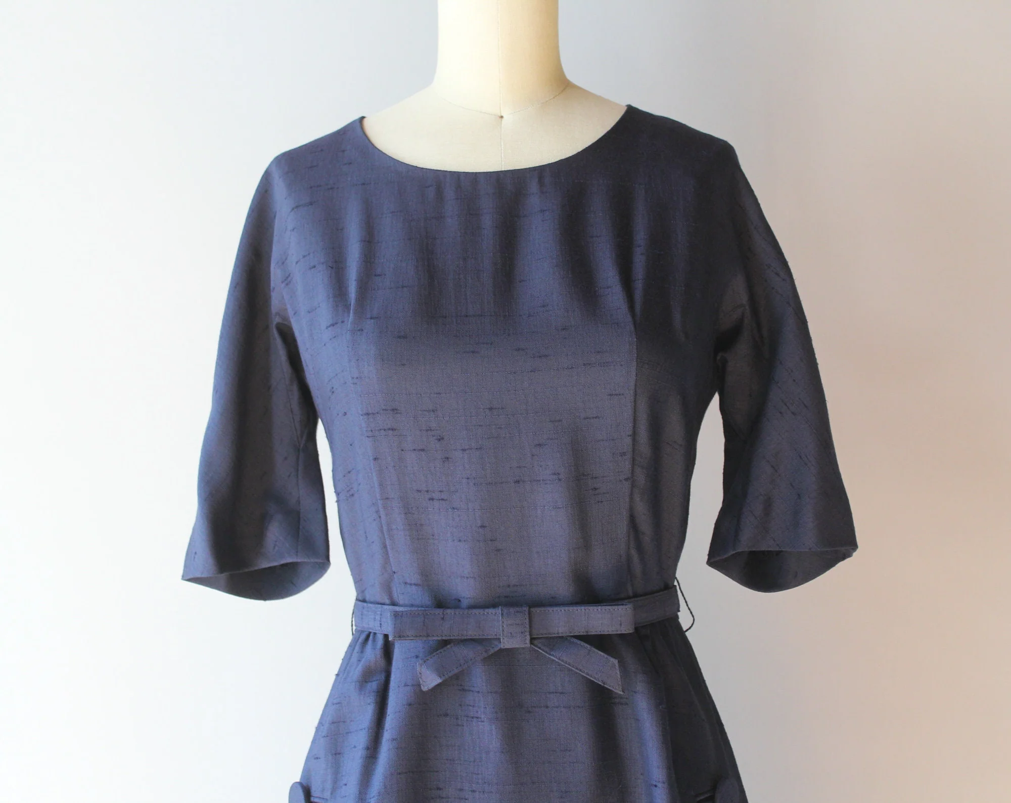 60s Vintage Navy Blue Bow Belt A-Line Skirt Classic Scoop Neck Dress - Image 2
