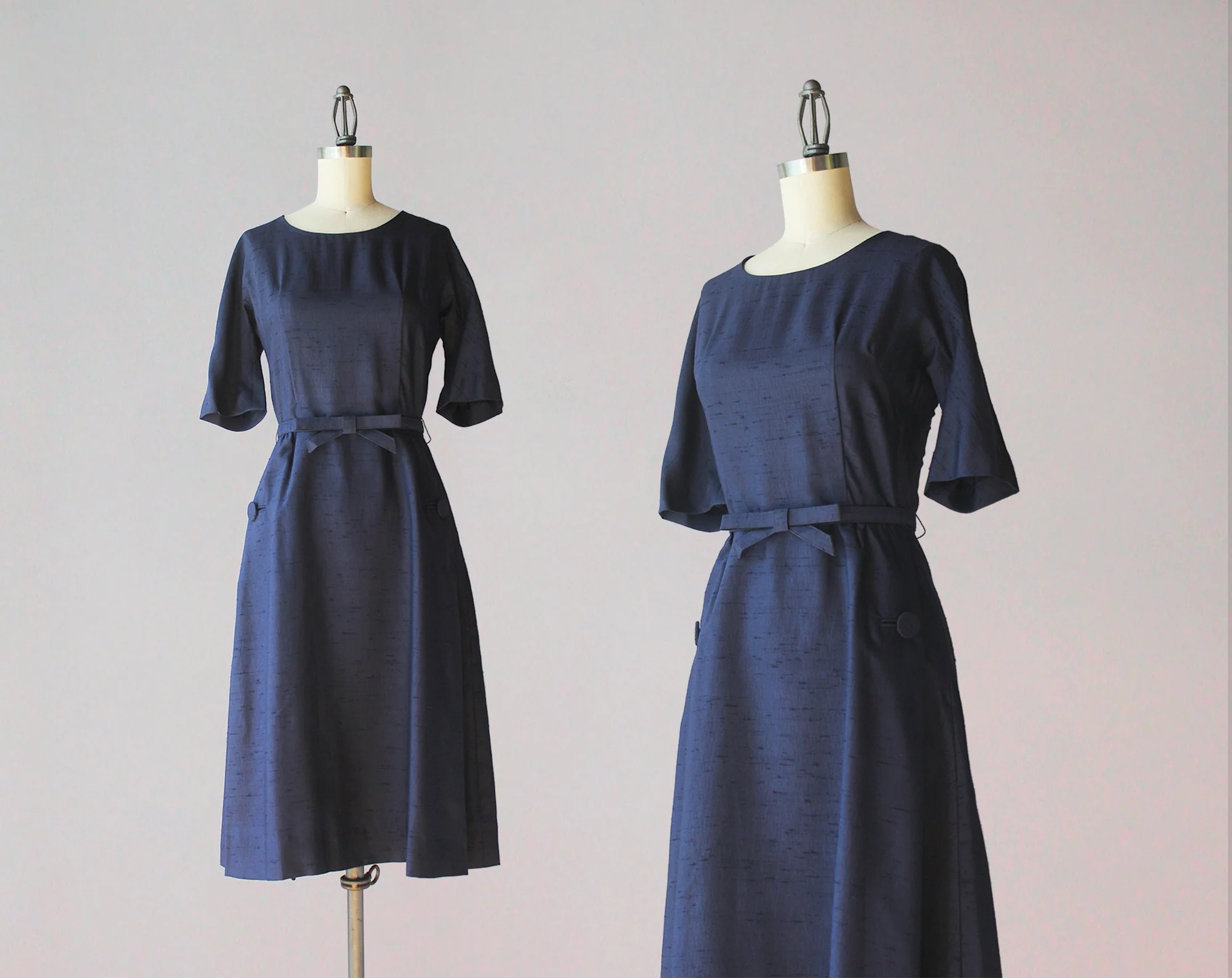 60s Vintage Navy Blue Bow Belt A-Line Skirt Classic Scoop Neck Dress - Image 3