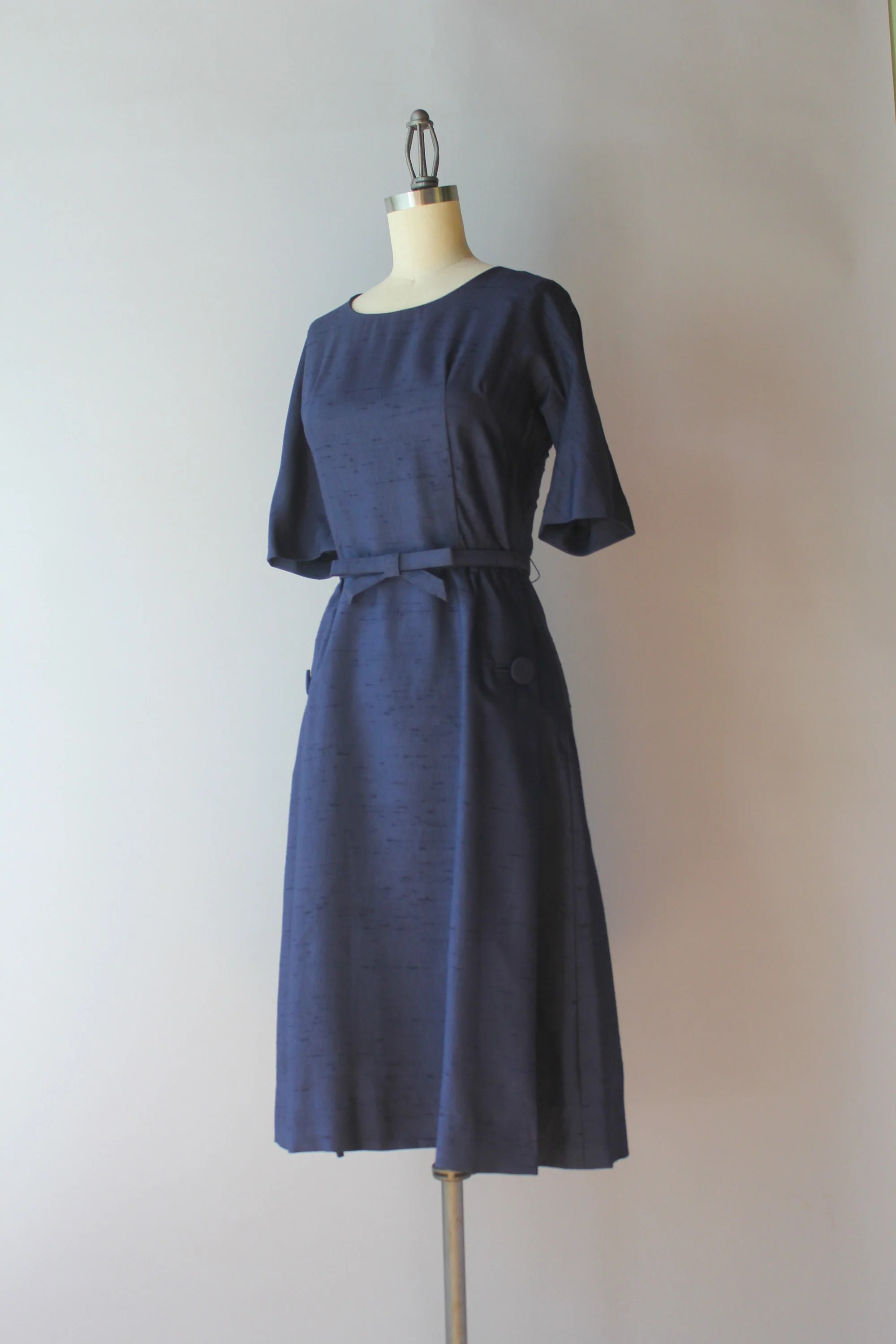 60s Vintage Navy Blue Bow Belt A-Line Skirt Classic Scoop Neck Dress - Image 4