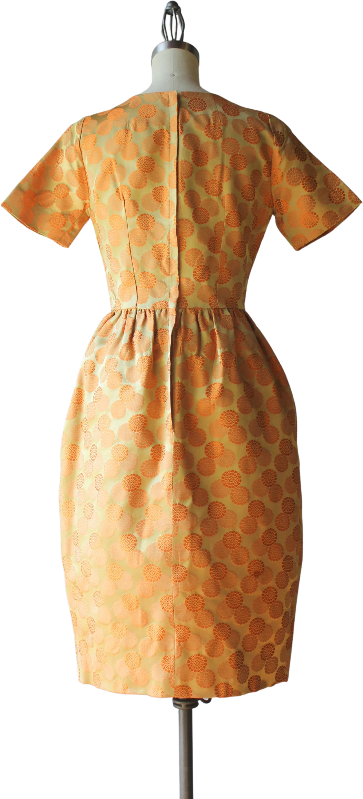 60s Vintage Orange Floral Embroidered Golden Satin Brocade Bateau Neck Cocktail Dress - Image 2