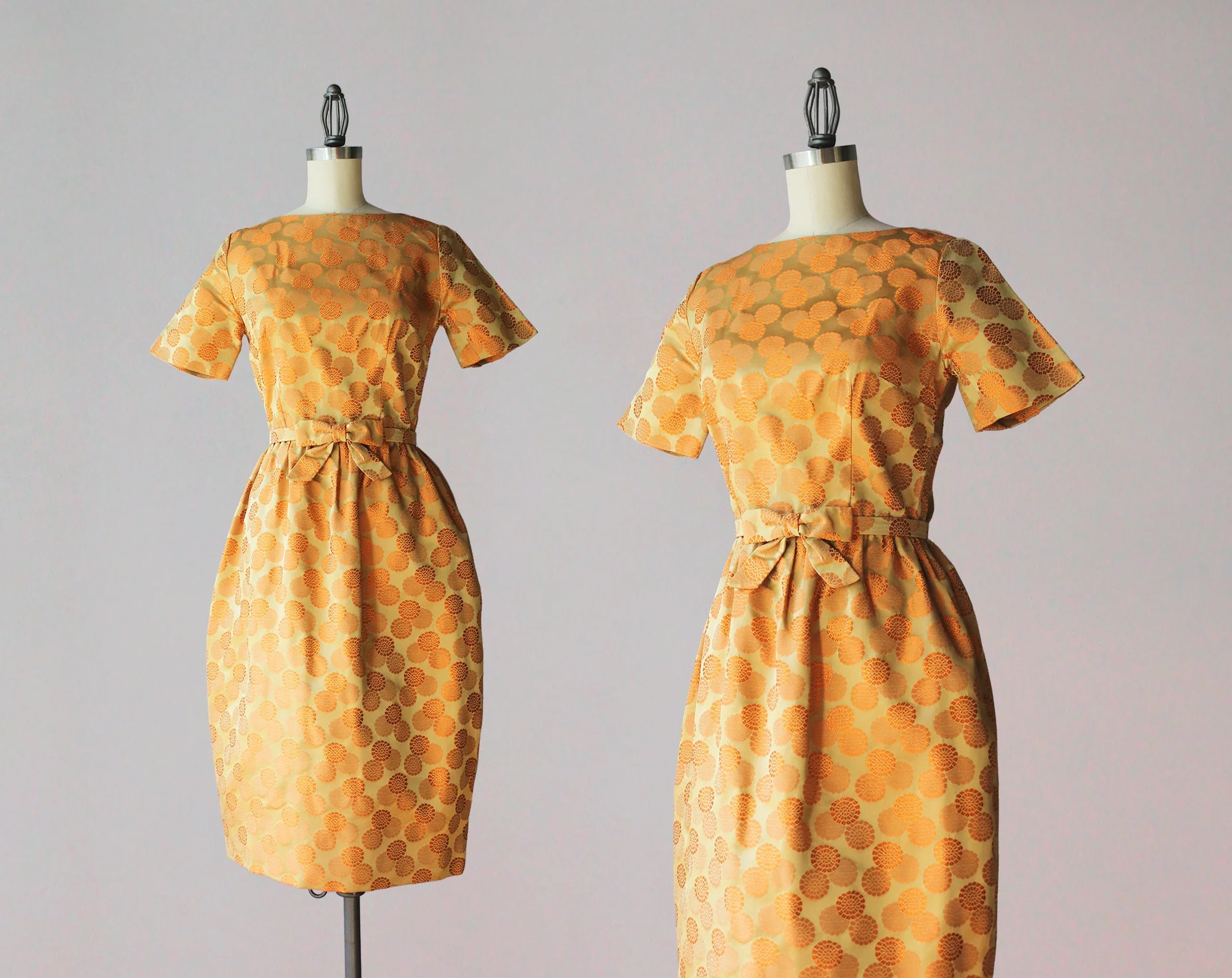 60s Vintage Orange Floral Embroidered Golden Satin Brocade Bateau Neck Cocktail Dress - Image 3