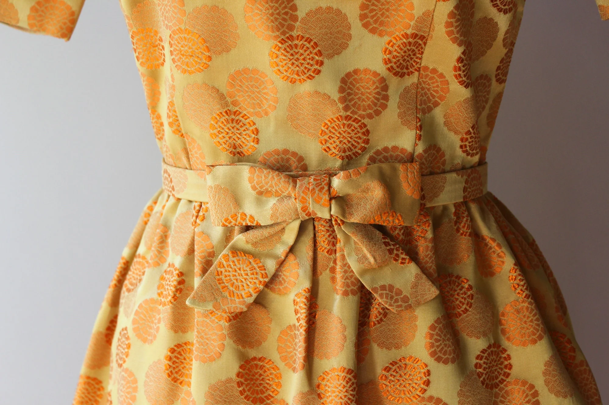 60s Vintage Orange Floral Embroidered Golden Satin Brocade Bateau Neck Cocktail Dress - Image 4