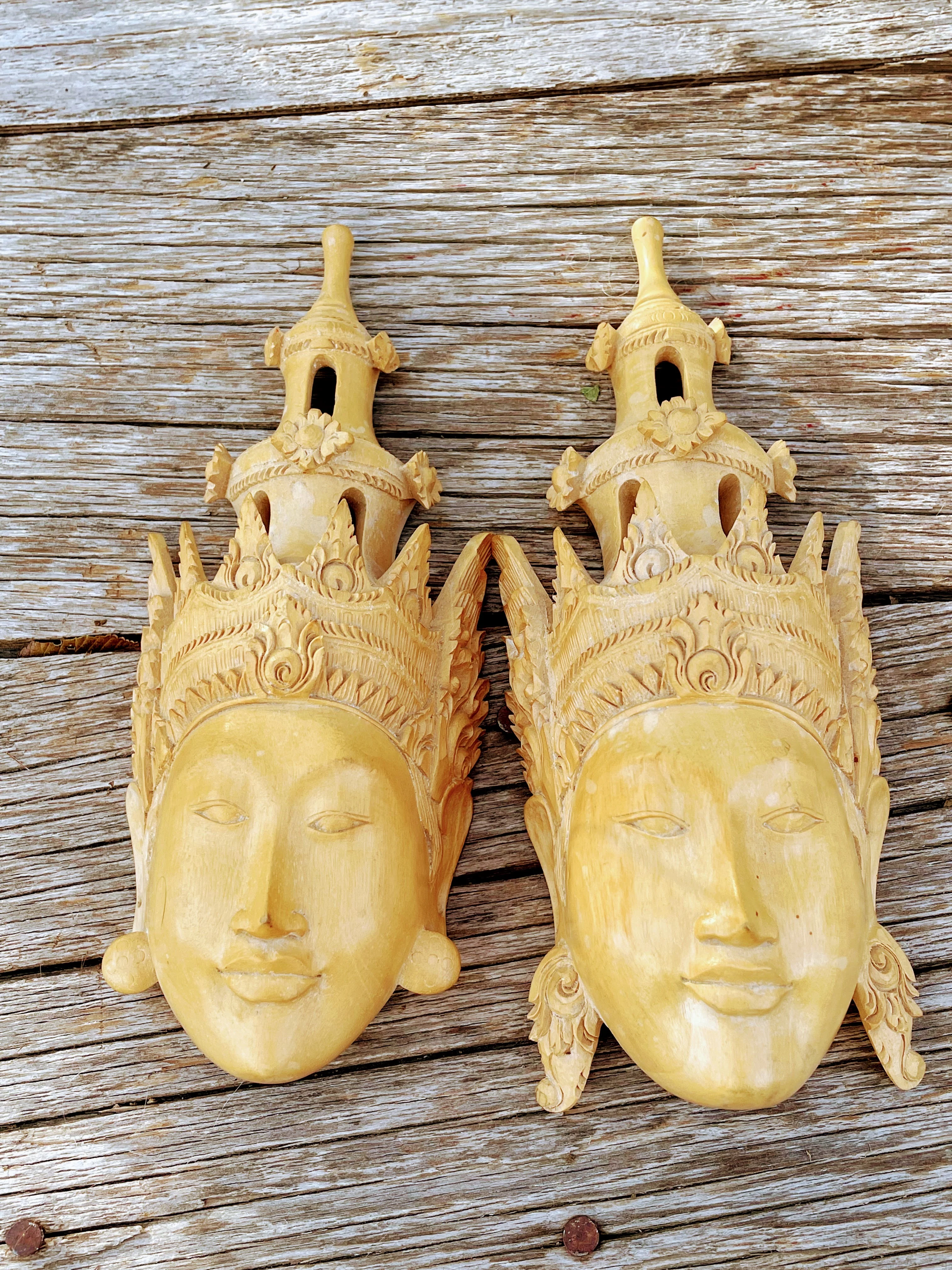 60s Vintage Pair Balinese Wood Carved Masks By Njana Tilem Galleries - Image 12