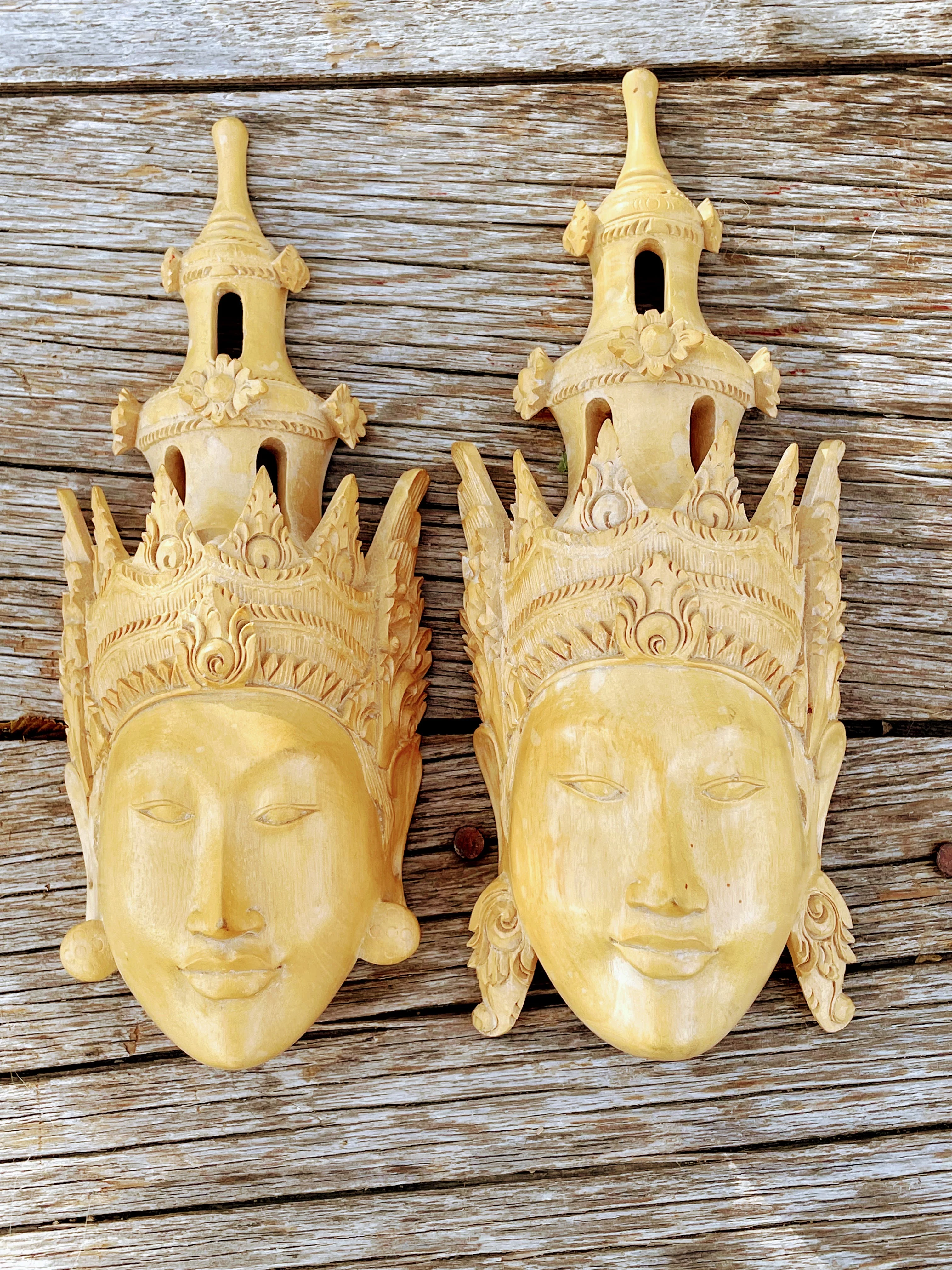 60s Vintage Pair Balinese Wood Carved Masks By Njana Tilem Galleries - Image 13