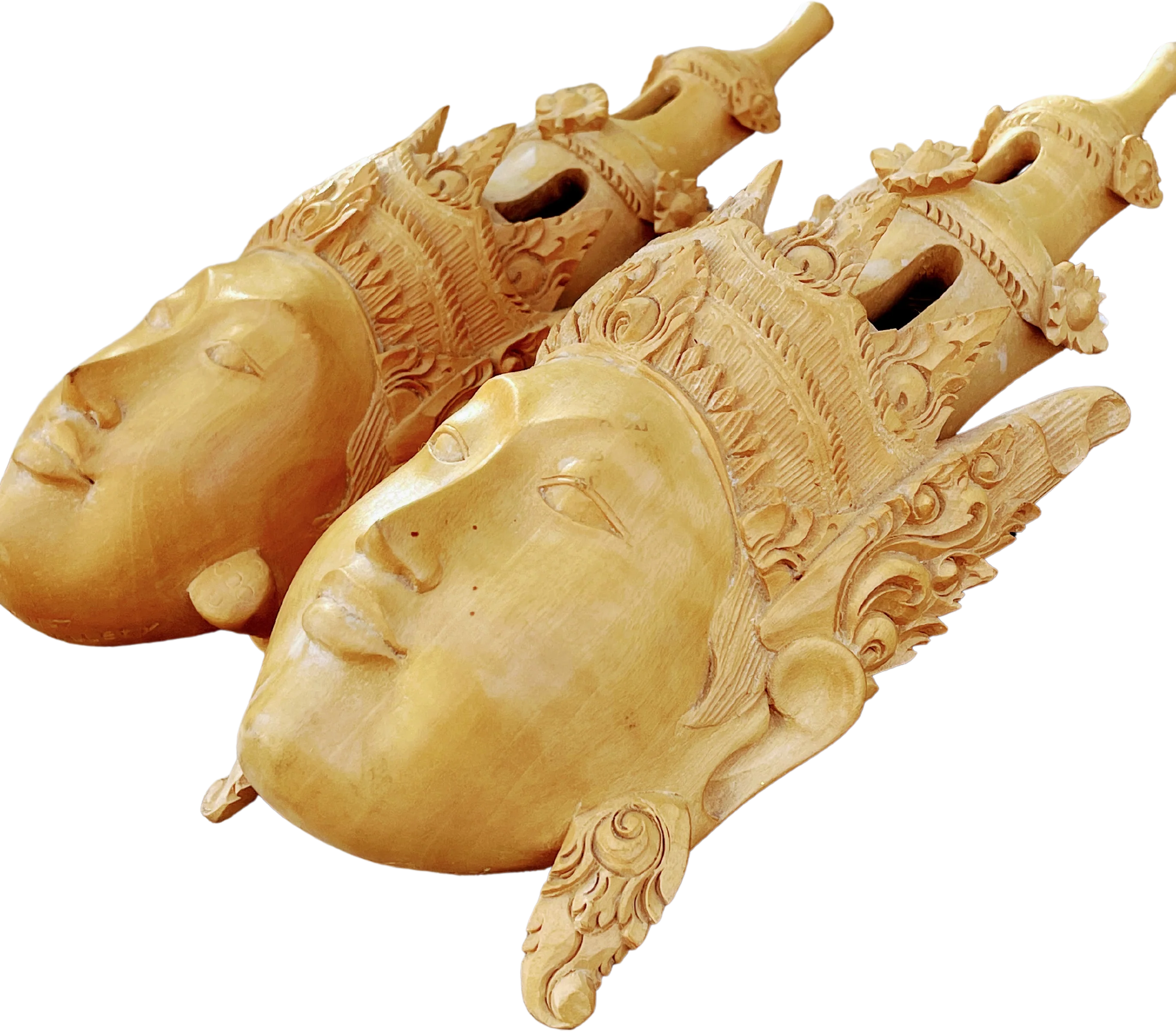 60s Vintage Pair Balinese Wood Carved Masks By Njana Tilem Galleries - Image 2