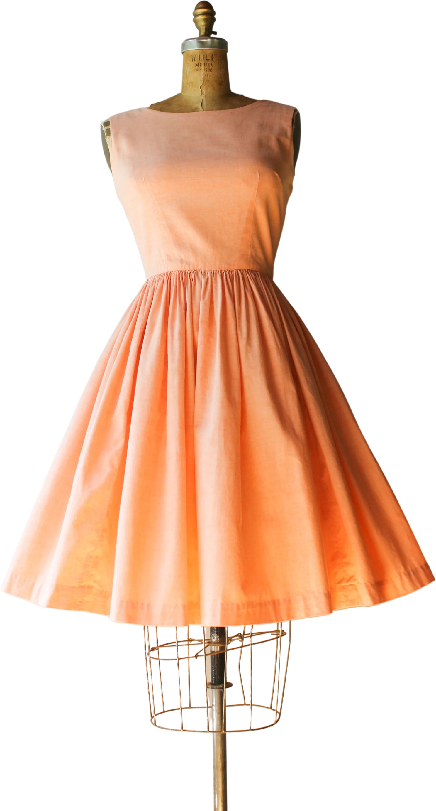 60s Vintage Peach Cotton Chambray Low Back Double Button Wrap Dress