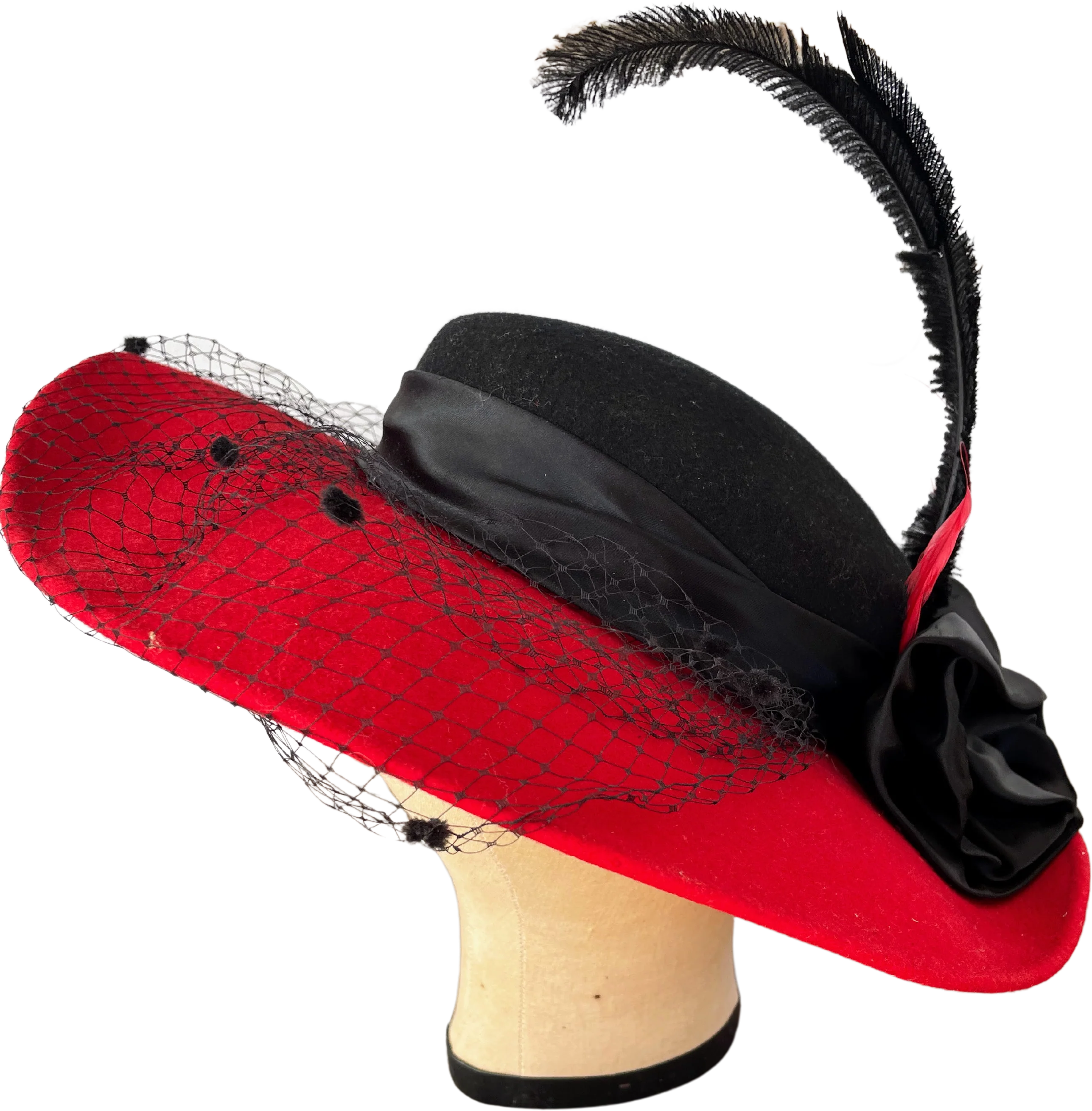 60s Vintage Red Black Wool Feather Formal Hat By Michael Howard - Image 2