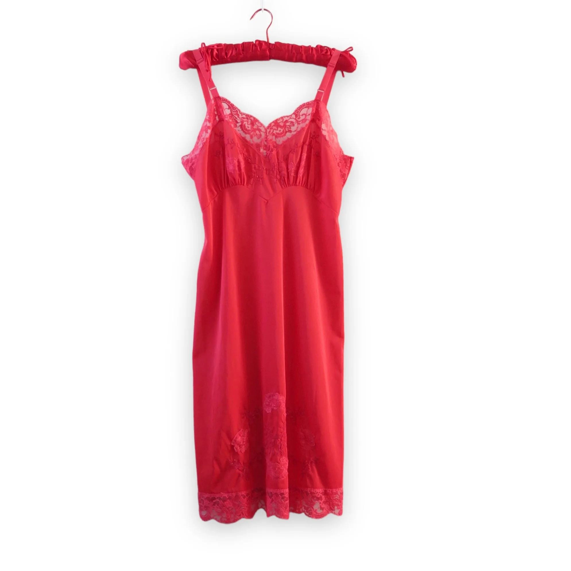 60s Vintage Red Slip Dress Embroidered Floral Applique By Top Form - Image 11