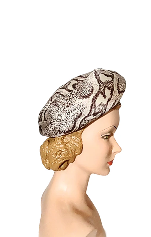 60s Vintage Satin Snakeskin Print Big Beret Hat - Image 3