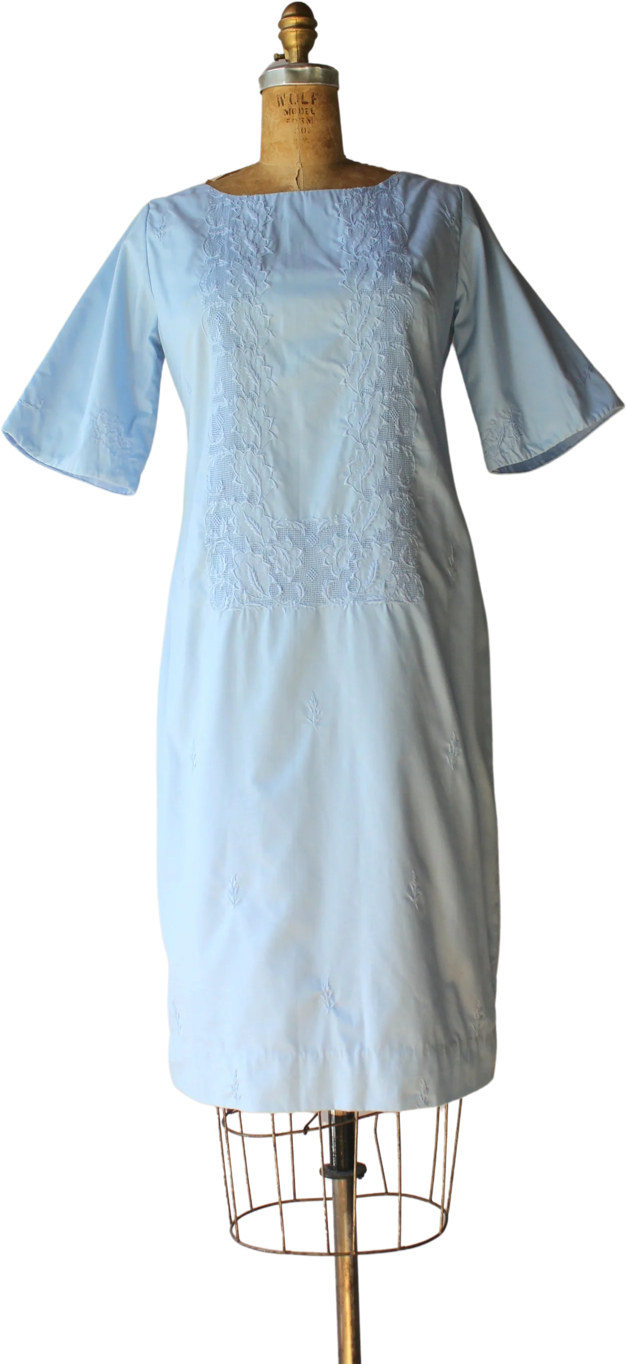 60s Vintage Sky Blue Embroidered and Lined Cotton Day Dress