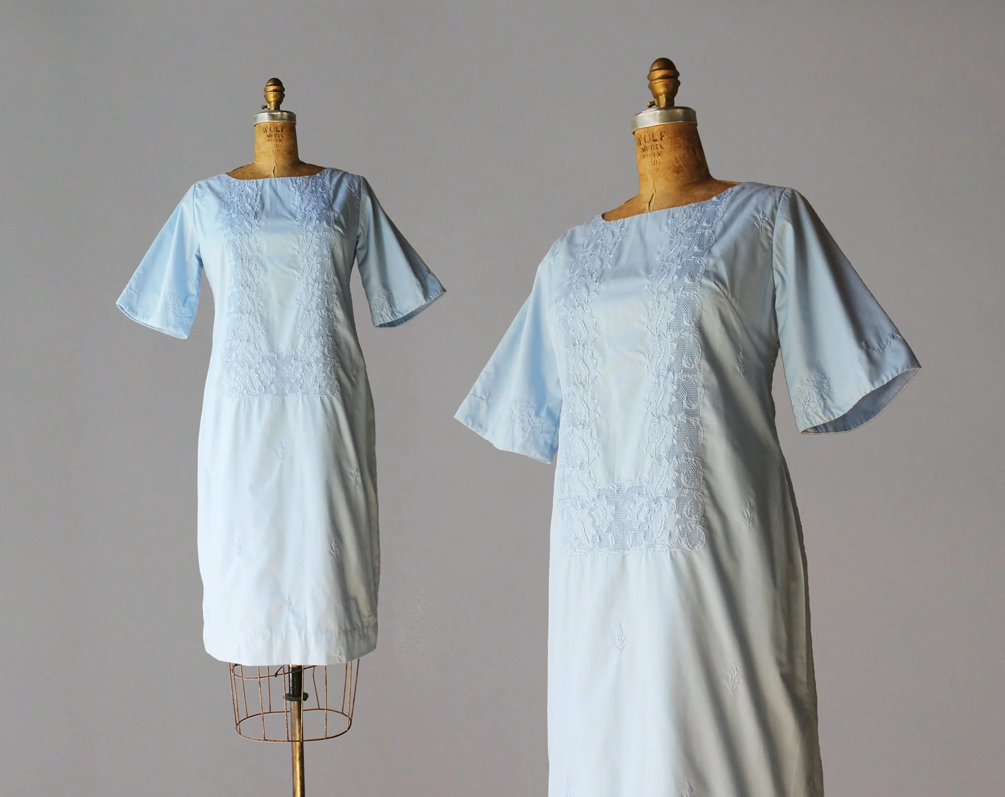 60s Vintage Sky Blue Embroidered and Lined Cotton Day Dress - Image 3