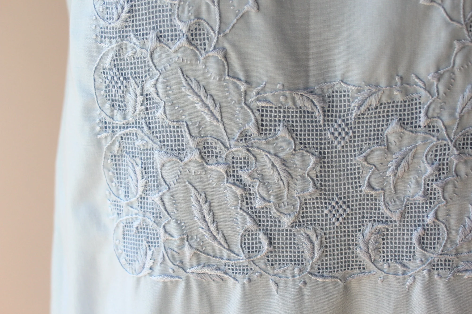 60s Vintage Sky Blue Embroidered and Lined Cotton Day Dress - Image 5