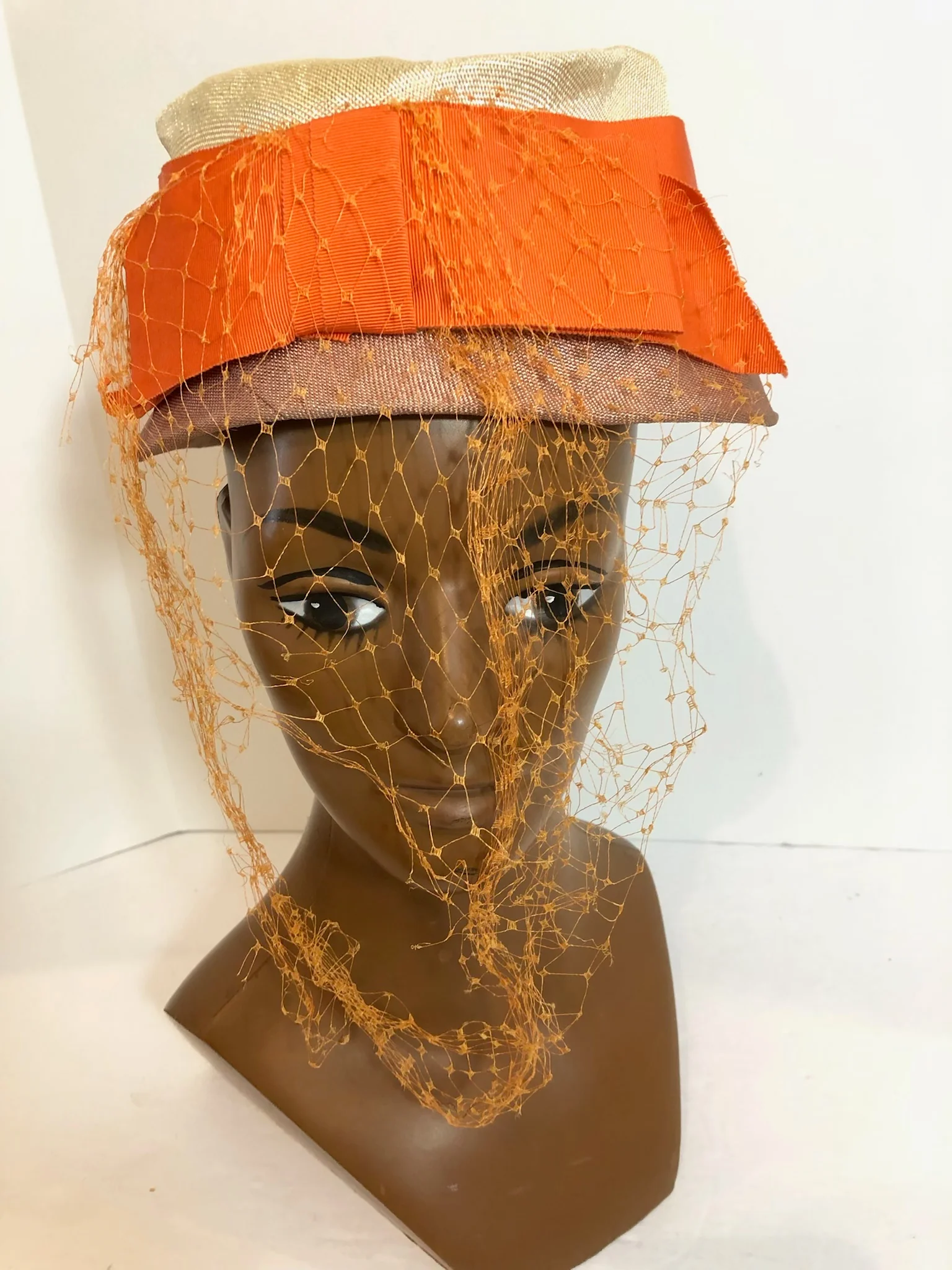 60s Vintage Two Toned Cloche Orange Bow W Veil Mod - Image 4