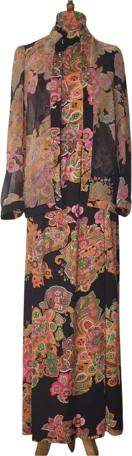 60s Vtg Multicolor Paisley Maxi Dress and Lillie Rubin Jacket by Don Luis de Espana