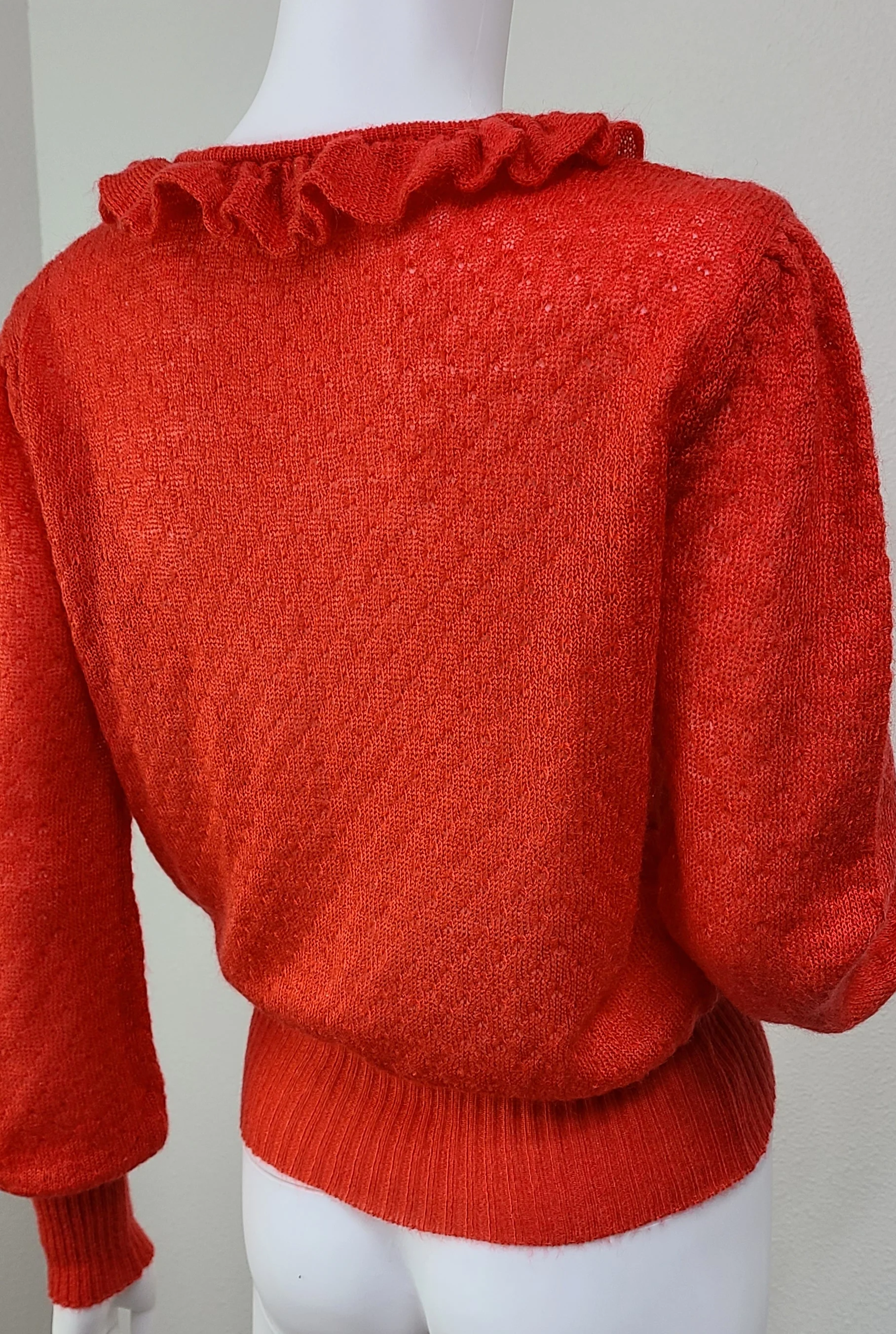 60s Vtg Orange Ruffle Collar Dainty Blouson Sweater - Image 5