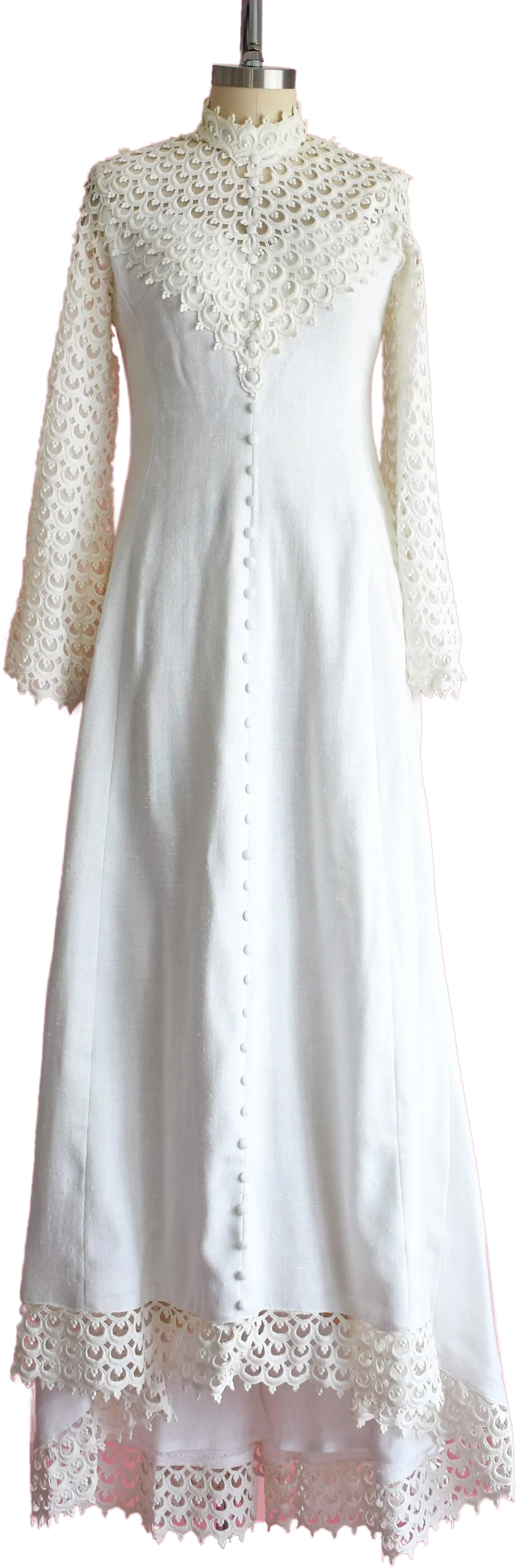60s Wedding Dress Vintage 60s Linen and Lace Wedding Dress with Matching Long Veil, 70s Cotton Bell Sleeves Wedding Dress, Small/medium
