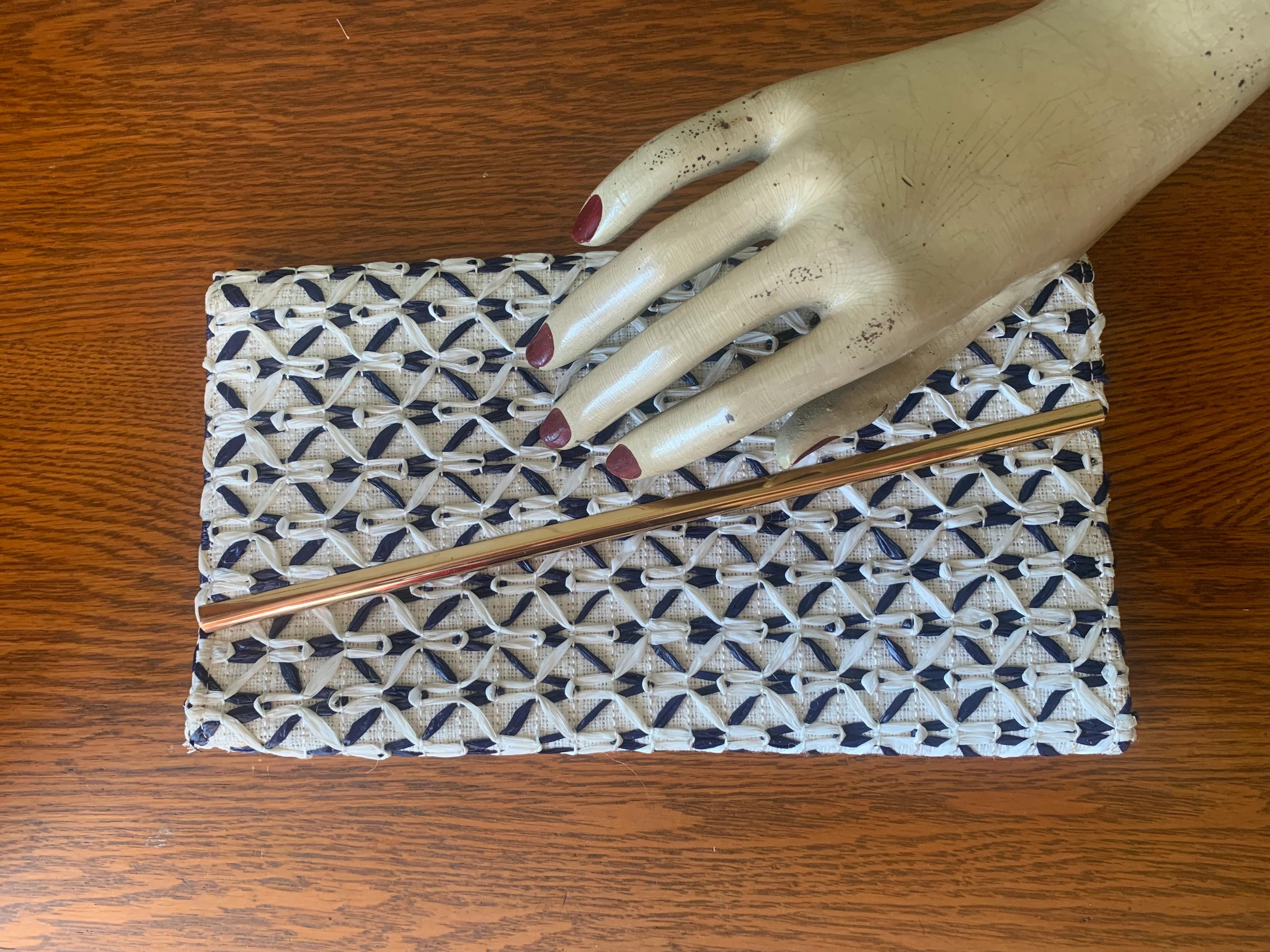 60s White And Navy Blue Woven Raffia Clutch Bag By Majestic - Image 3