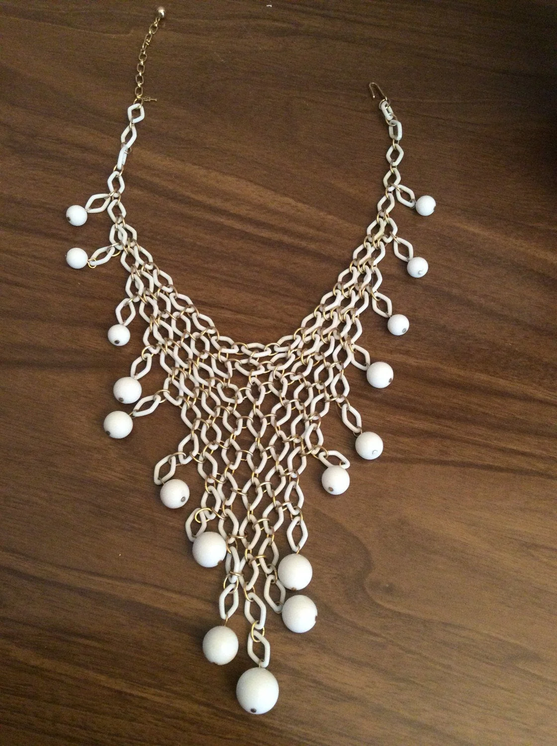 60's White Fishnet and Beaded Bib Necklace by Trifari - Image 4
