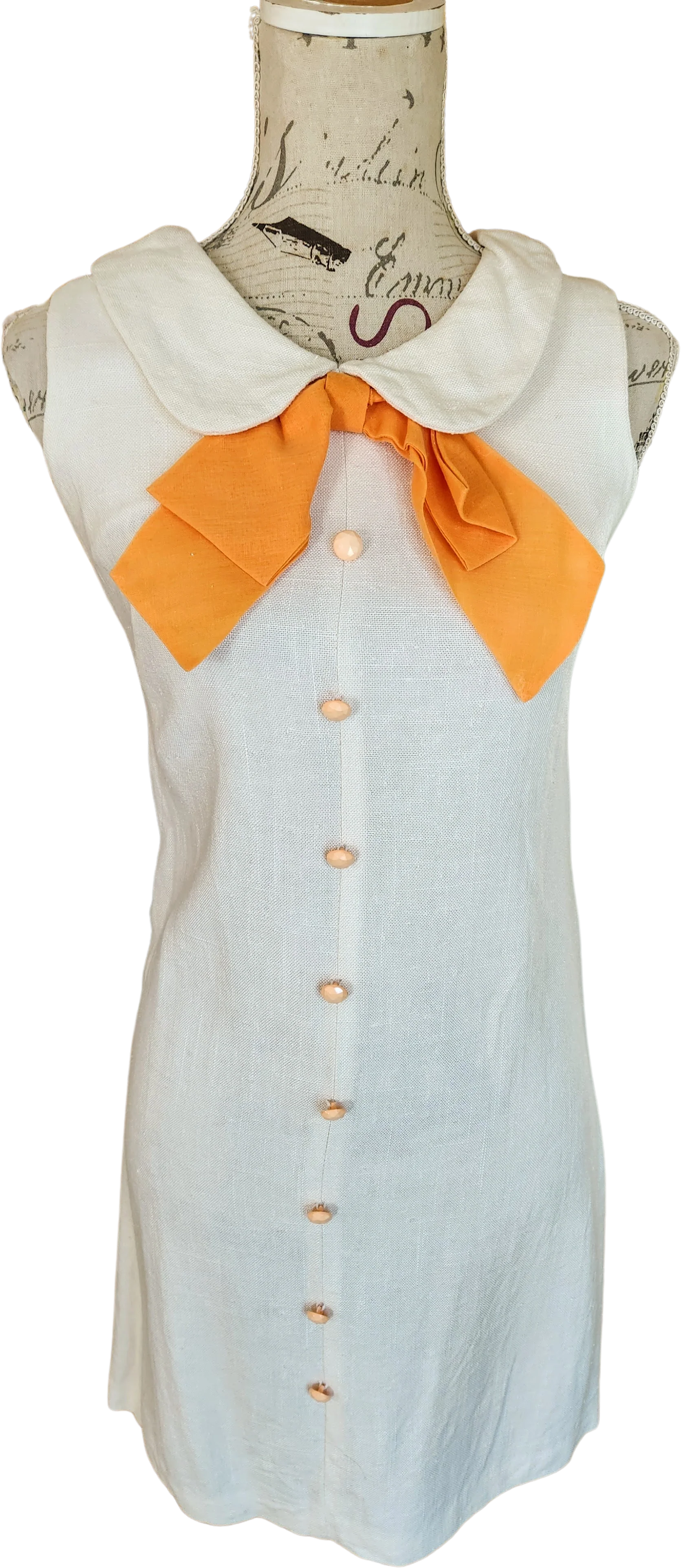 60s White Linen Sheath Dress With Orange Pussybow