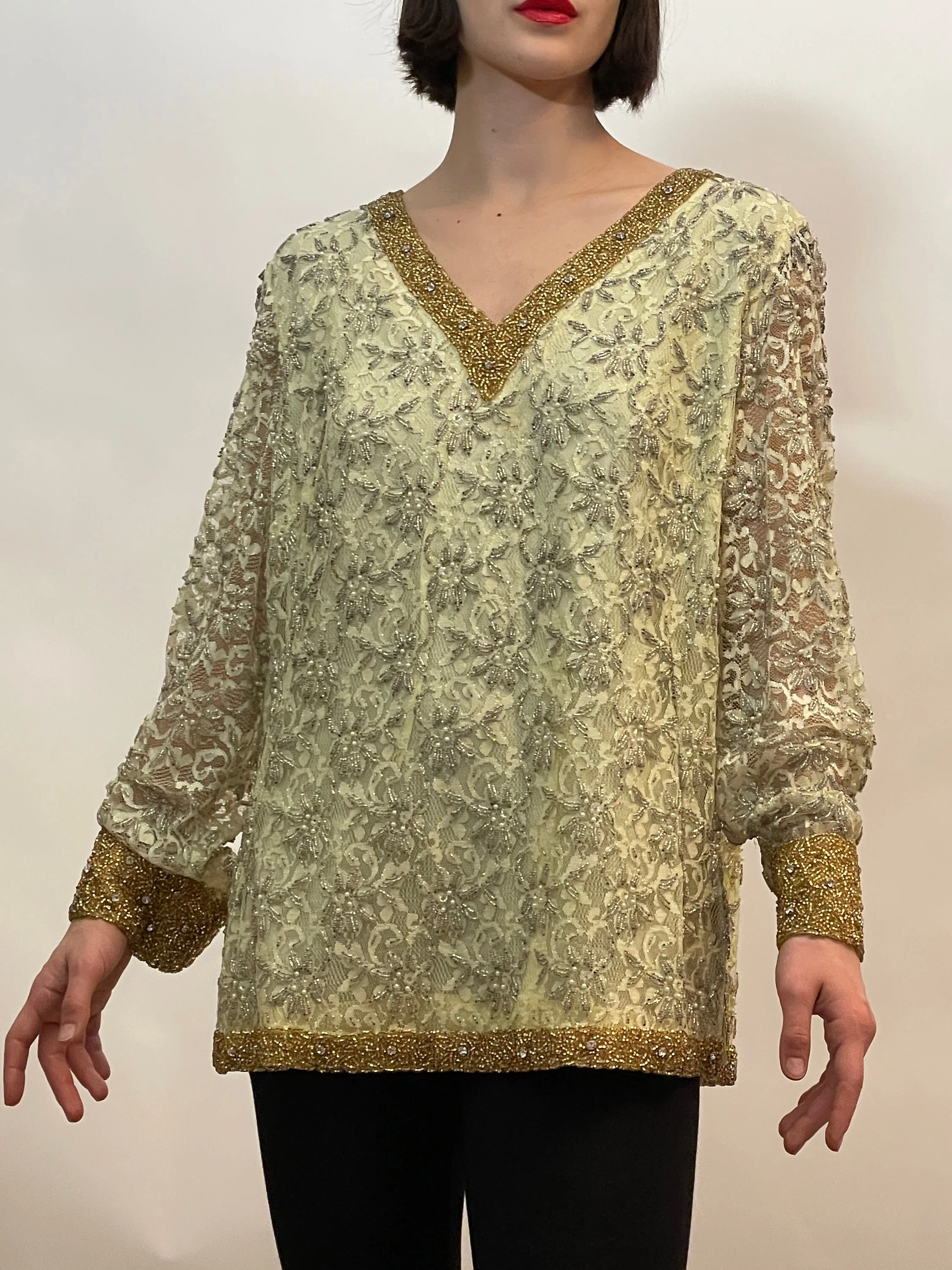 60s with Yellow Lace and Beads Tunic Desirable and Sexy - Image 4